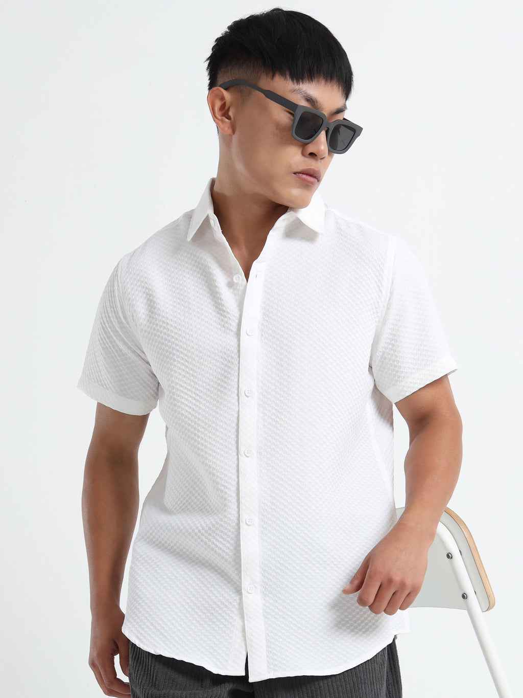 Men's White Geometric Textured Short Sleeve Casual Shirt