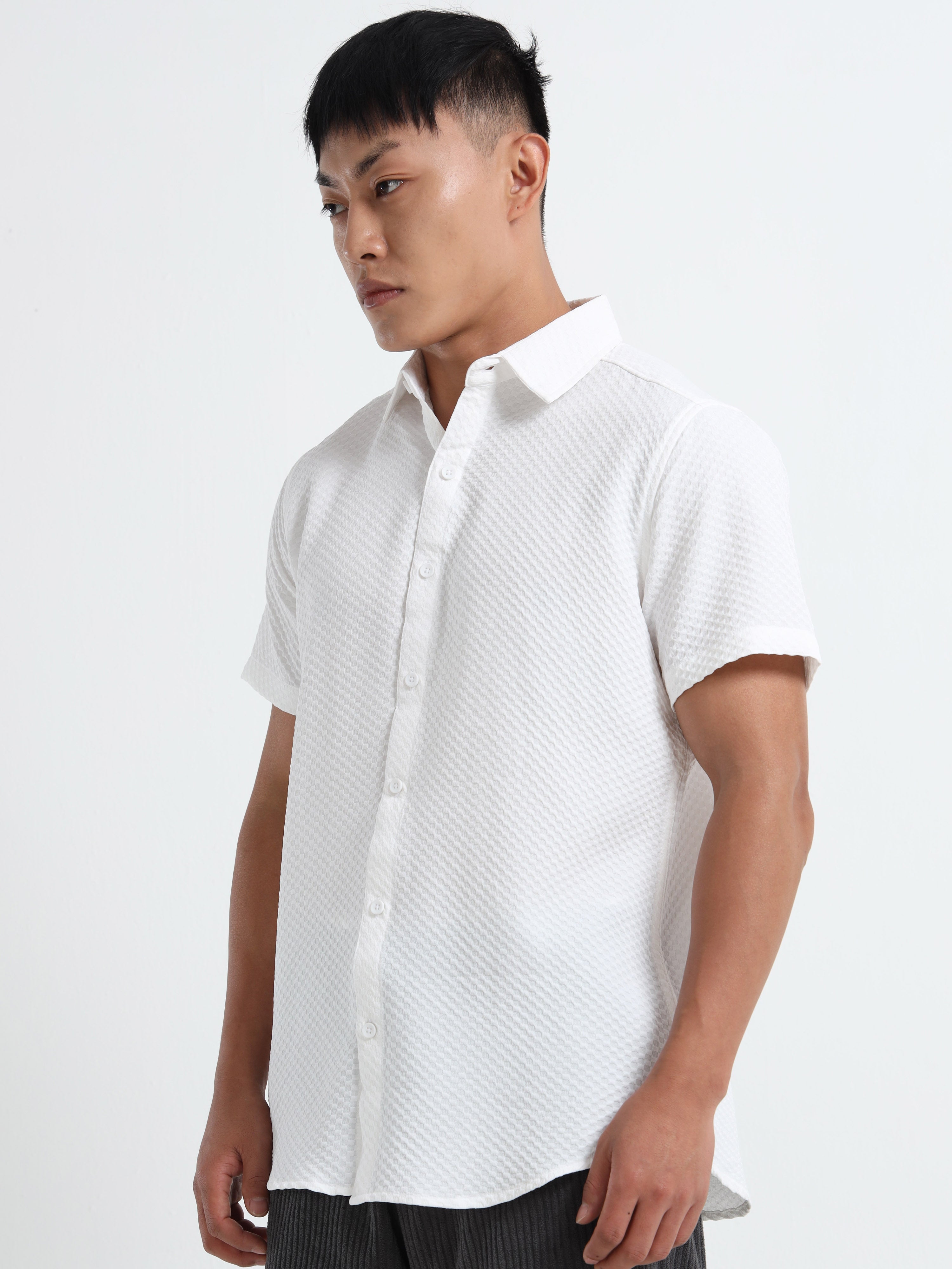 Men's White Geometric Textured Short Sleeve Casual Shirt