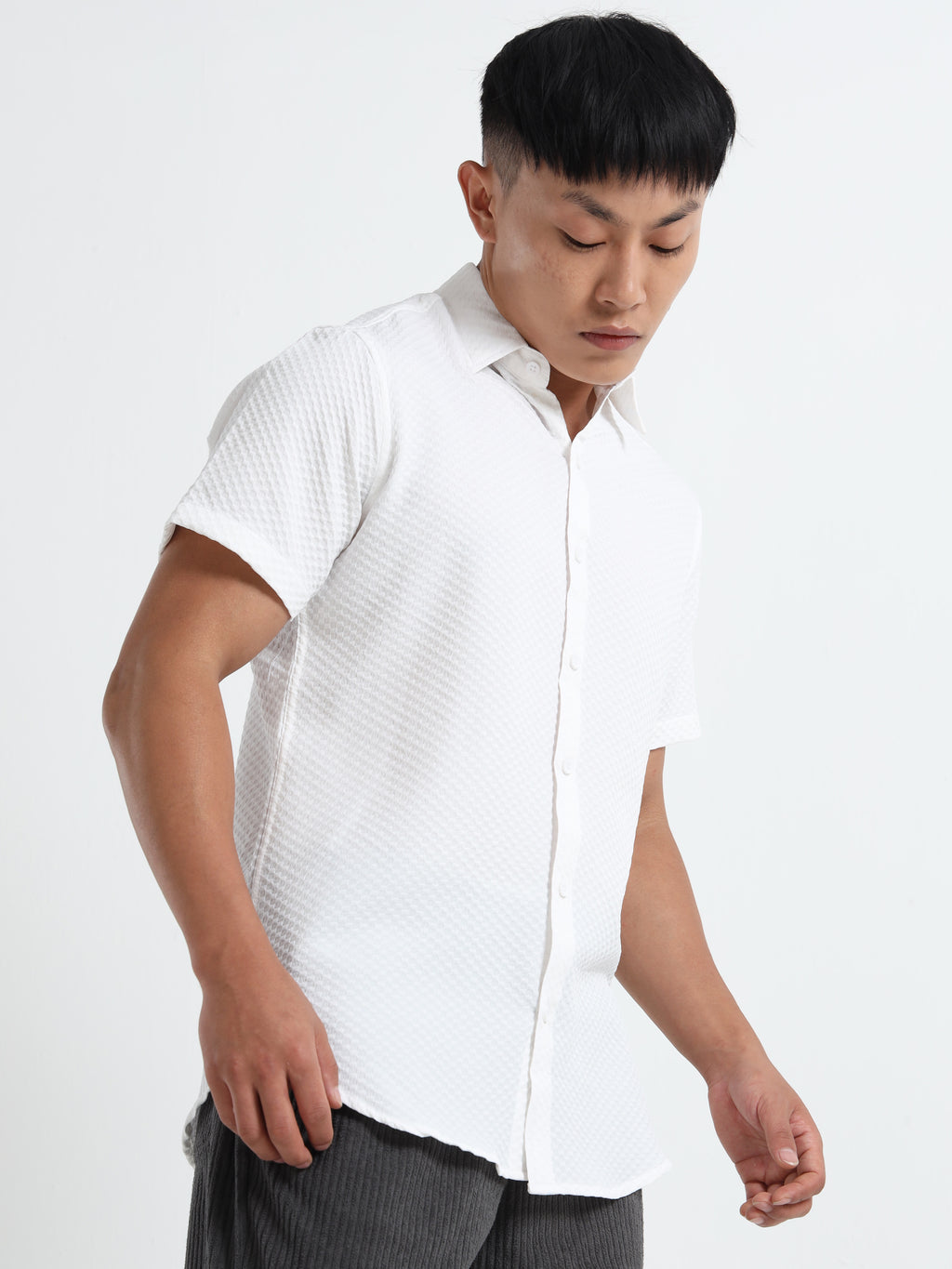 Men's White Geometric Textured Short Sleeve Casual Shirt