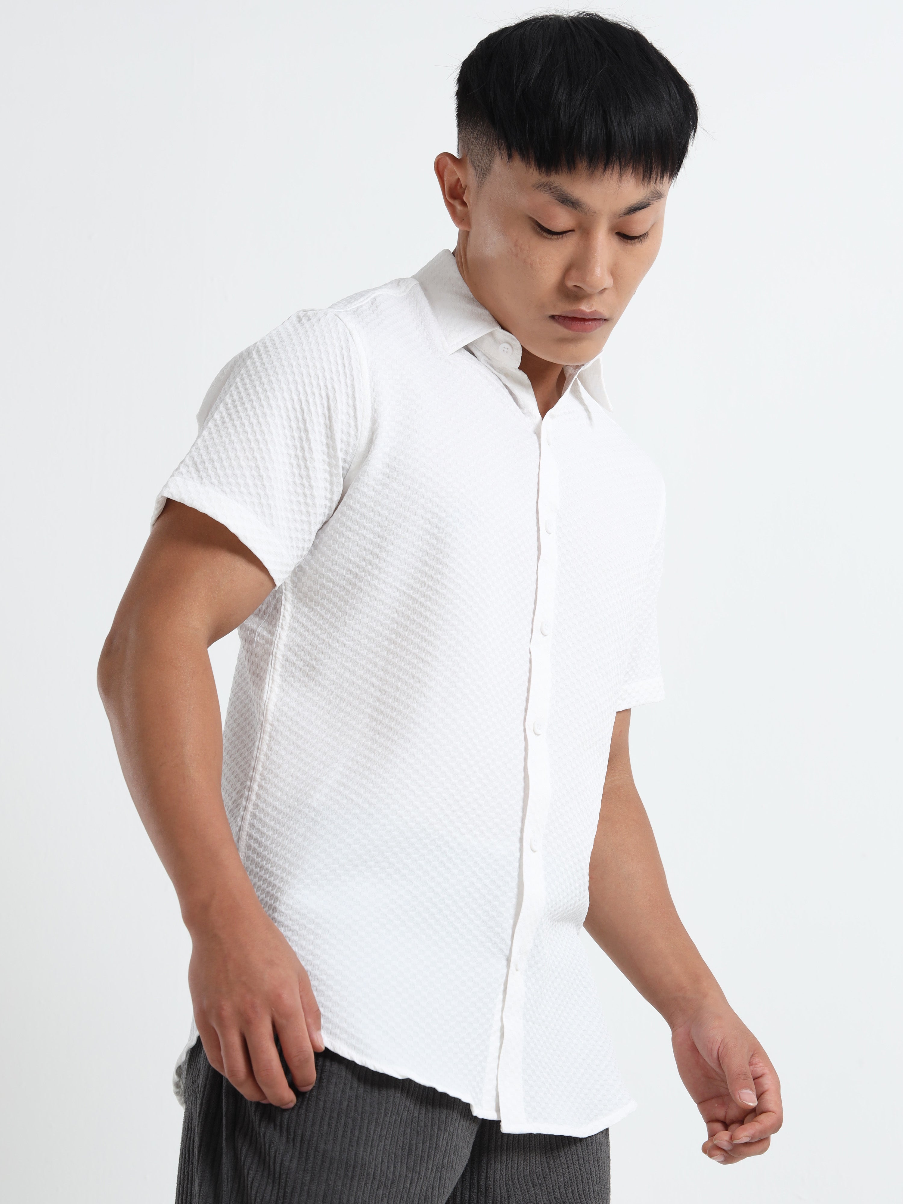 Men's White Geometric Textured Short Sleeve Casual Shirt