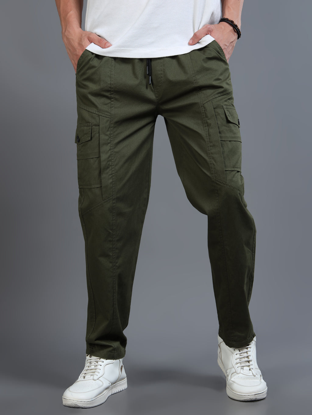 Men Slim Fit Green Cargo Trousers