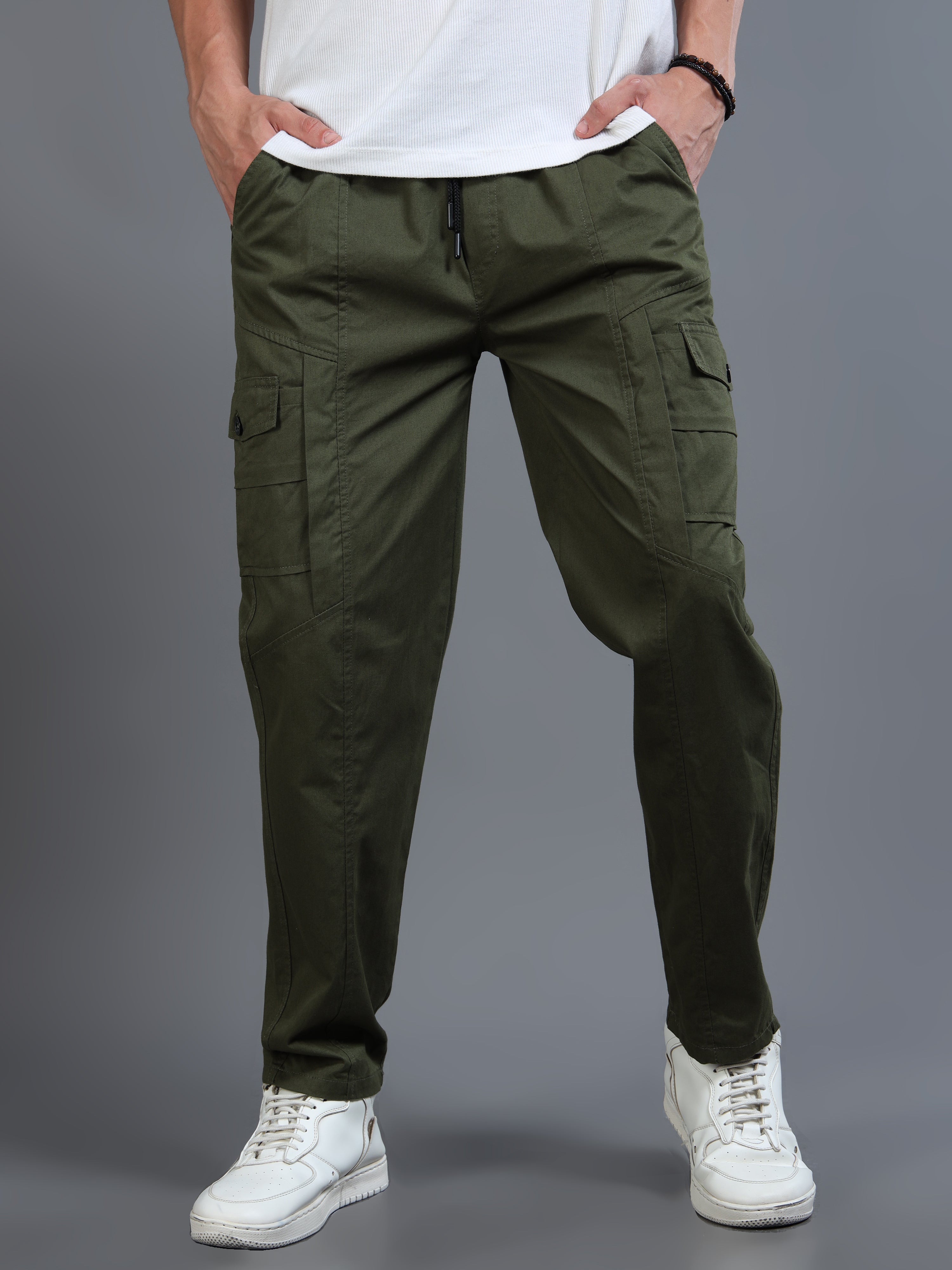 Men Slim Fit Green Cargo Trousers