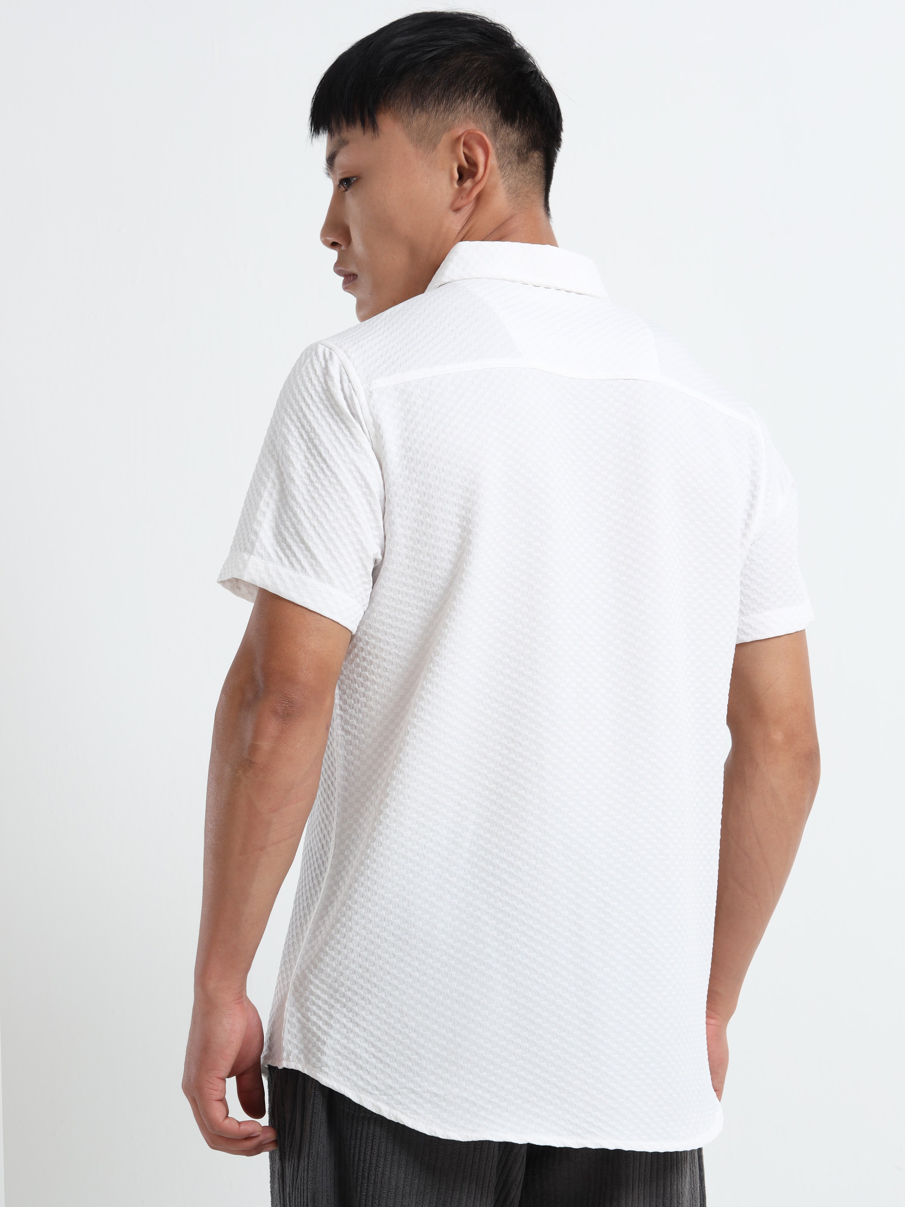 Men's White Geometric Textured Short Sleeve Casual Shirt