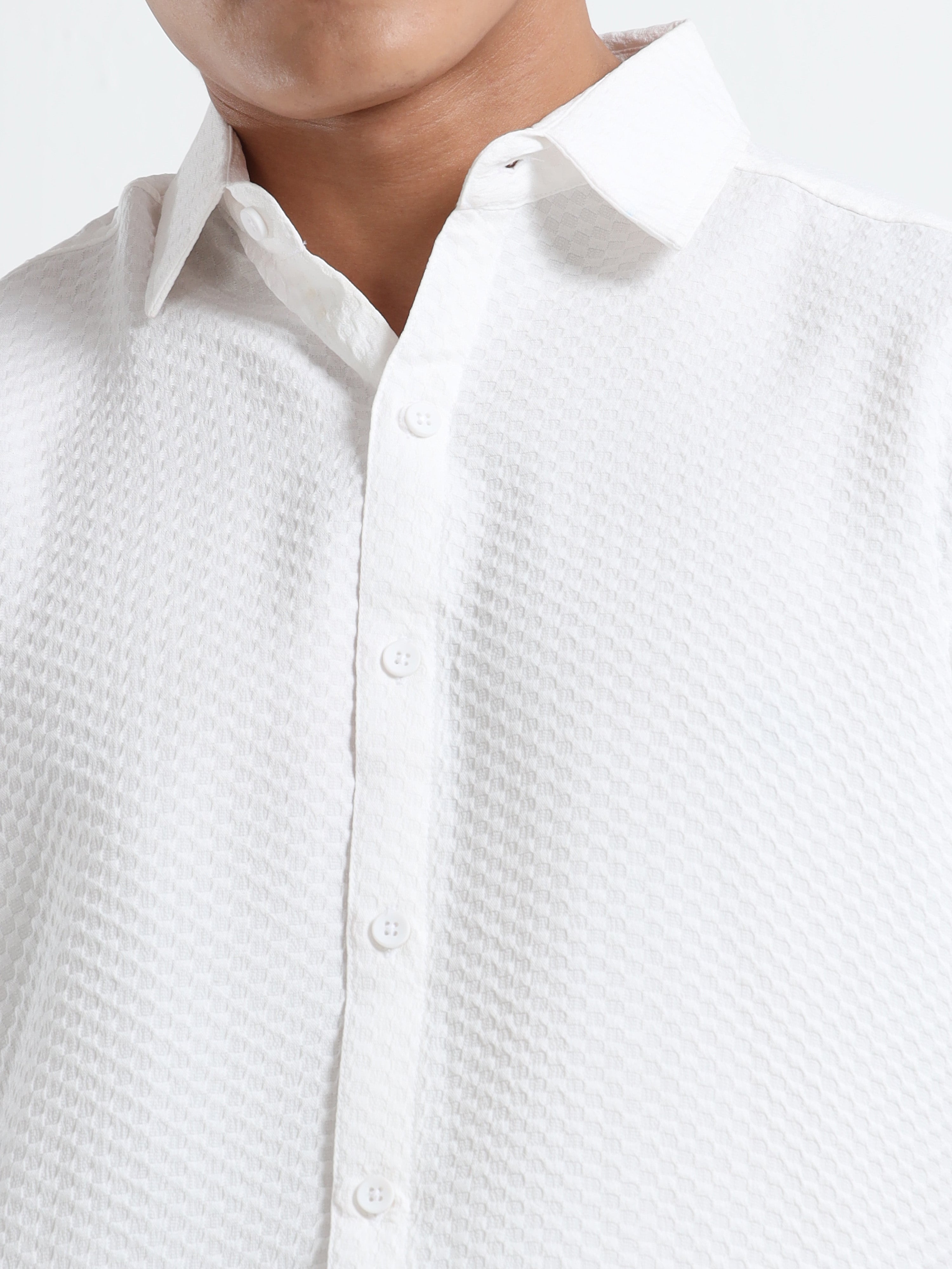 Men's White Geometric Textured Short Sleeve Casual Shirt