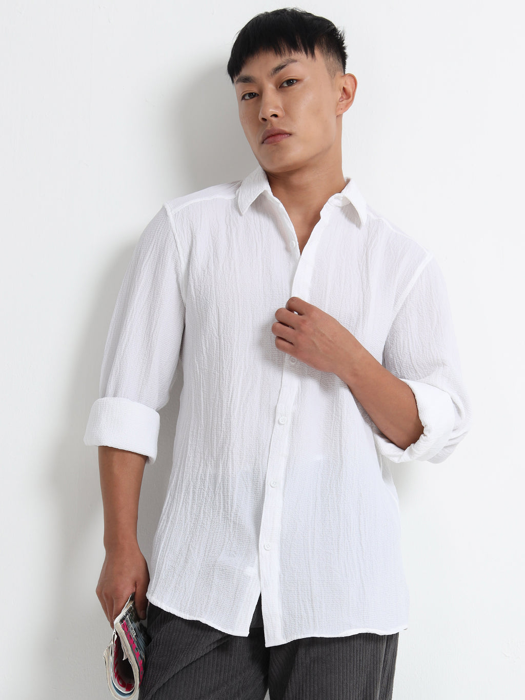 Men’s White Textured Casual Button-Down Shirt