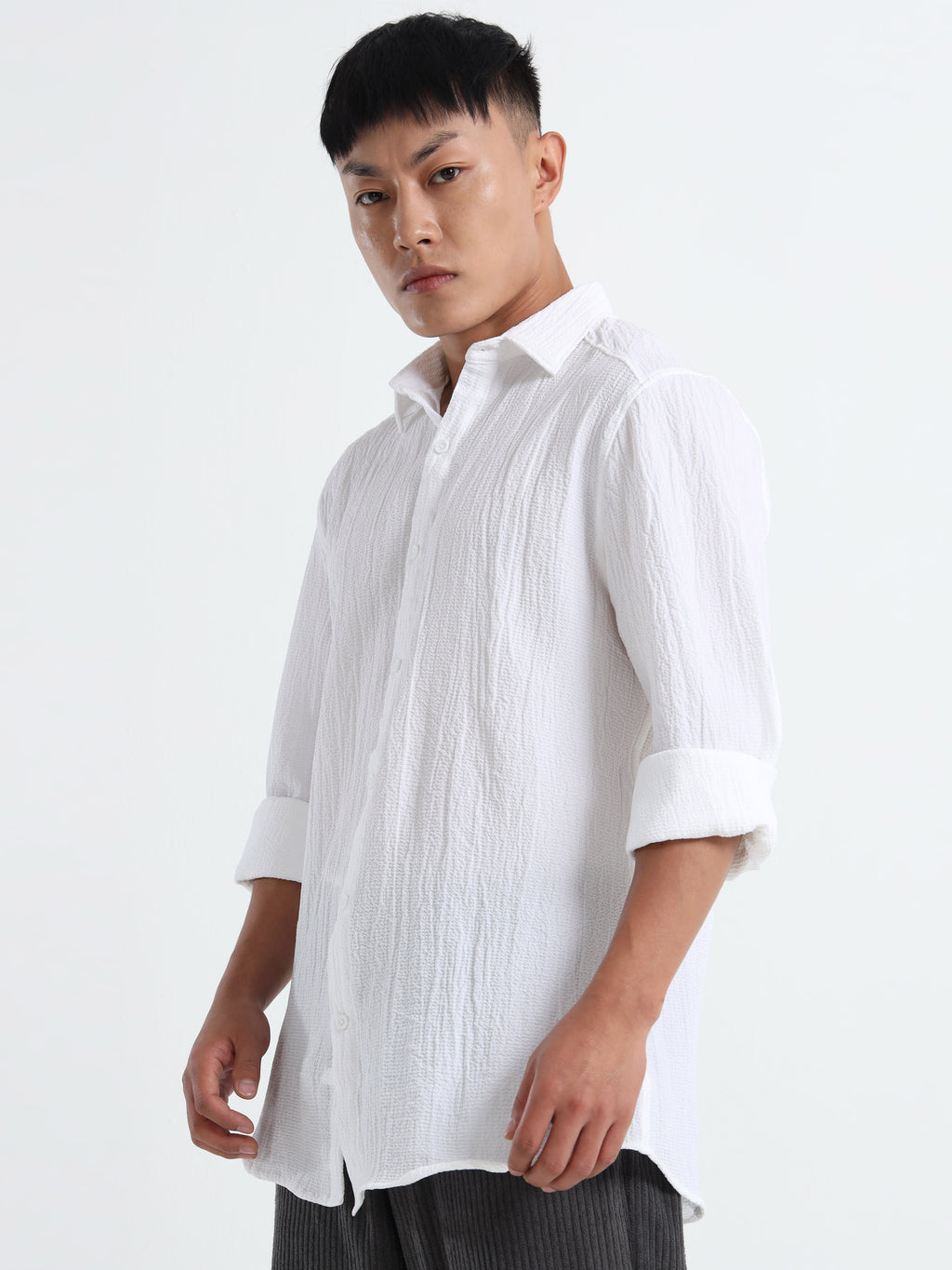 Men’s White Textured Casual Button-Down Shirt