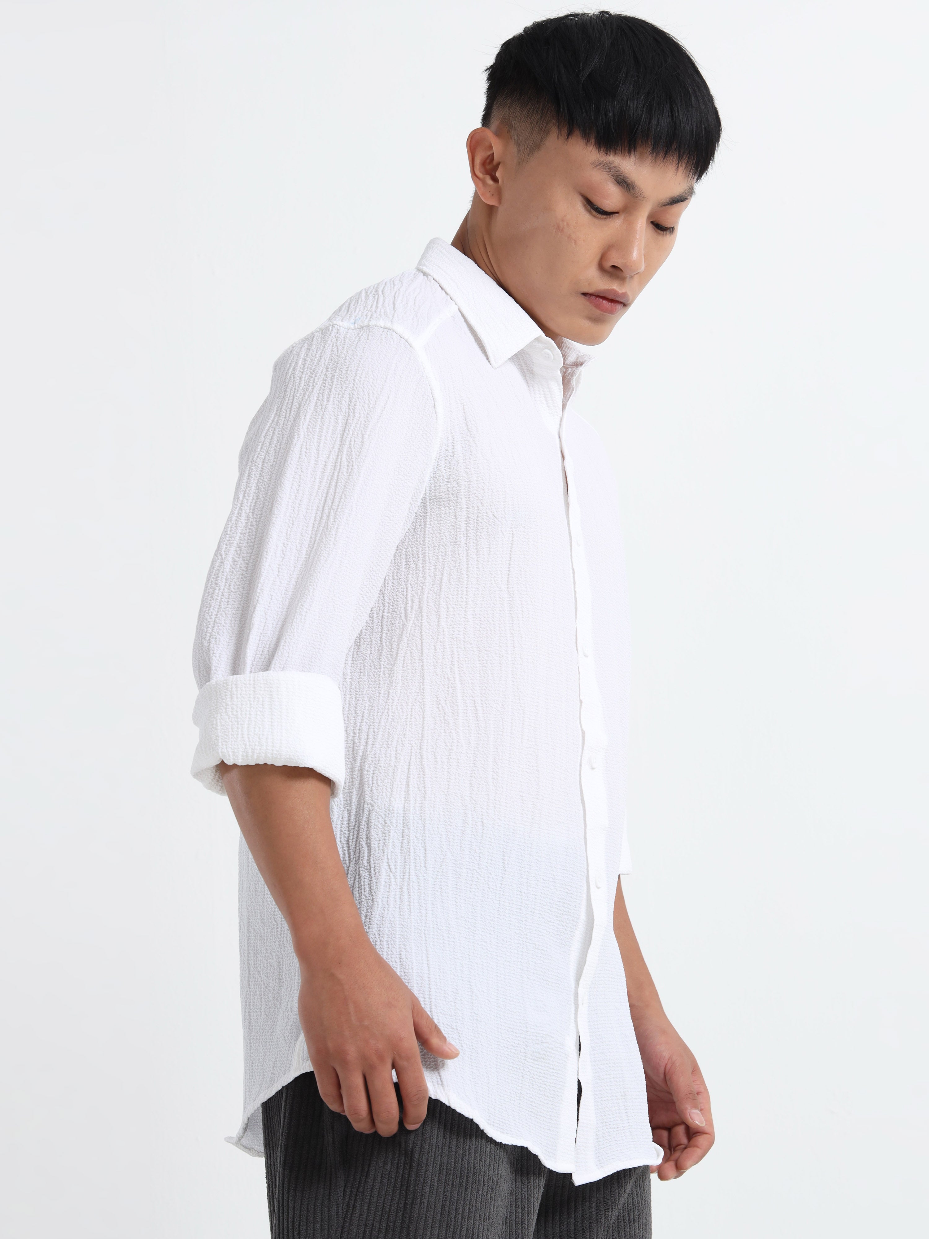 Men’s White Textured Casual Button-Down Shirt