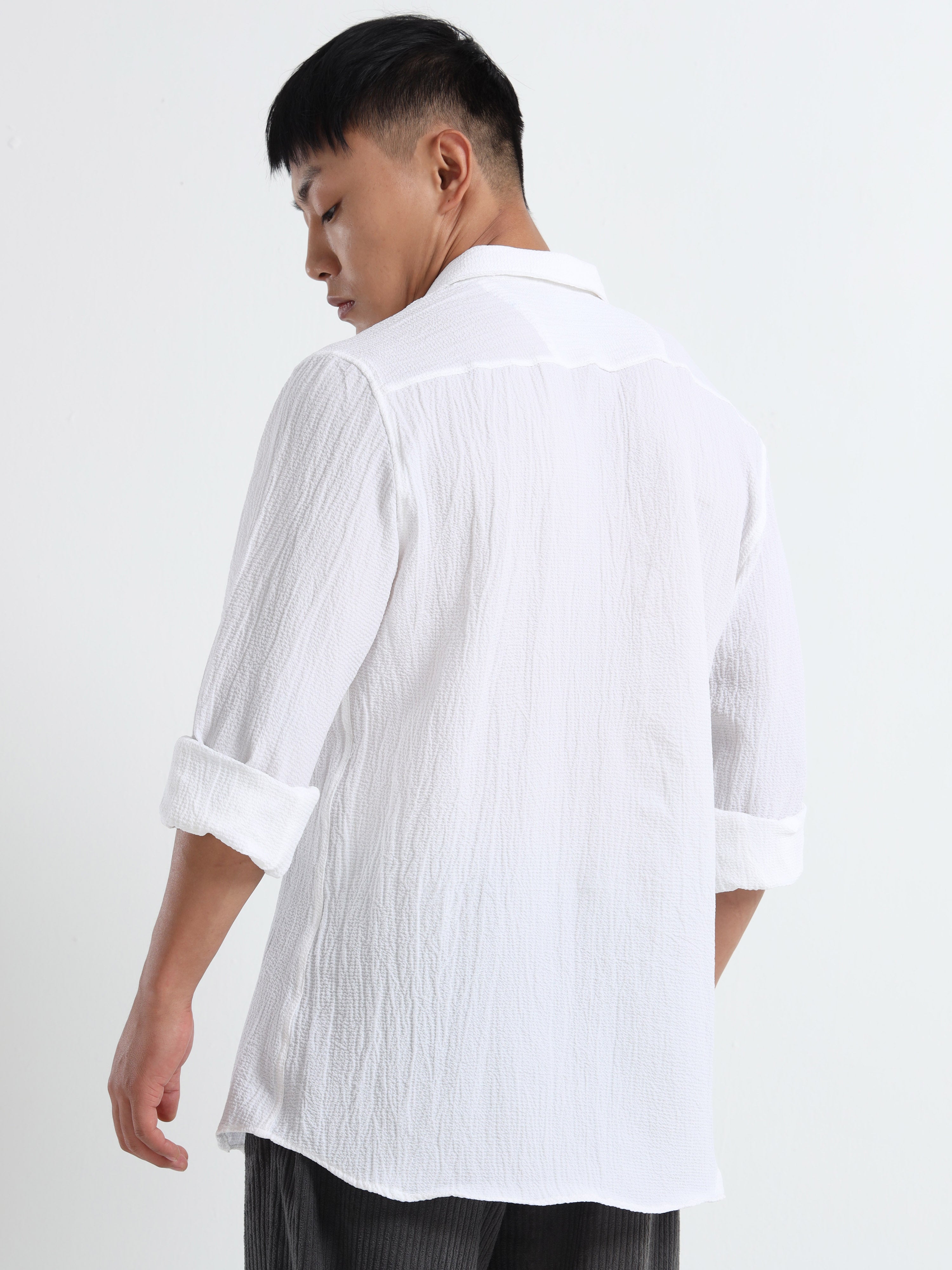 Men’s White Textured Casual Button-Down Shirt