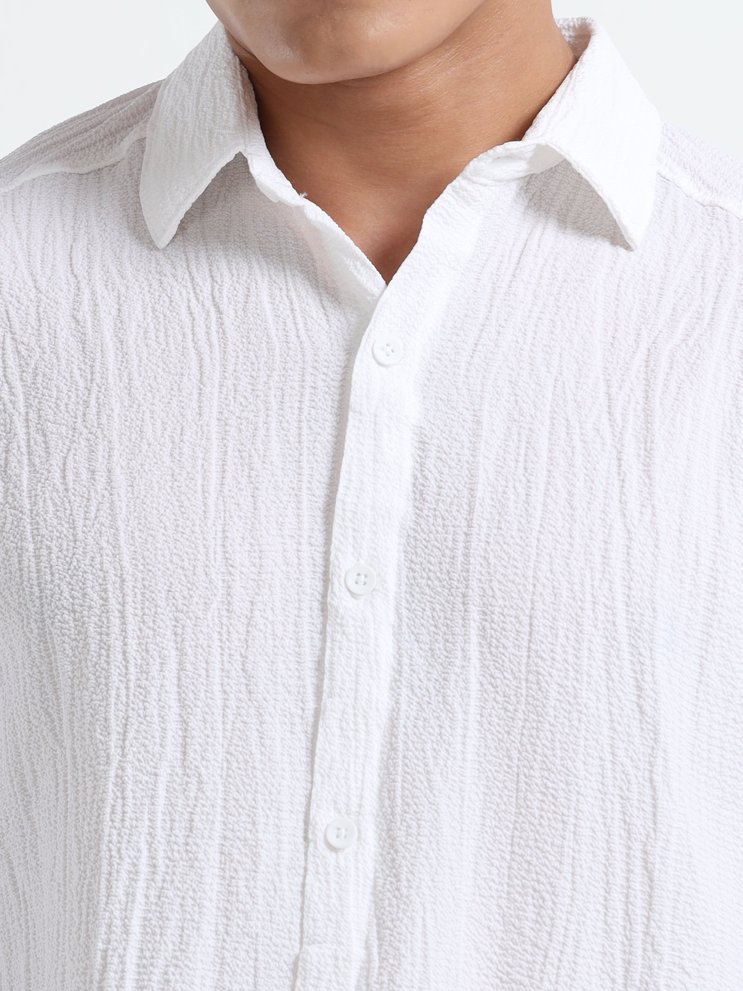Men’s White Textured Casual Button-Down Shirt