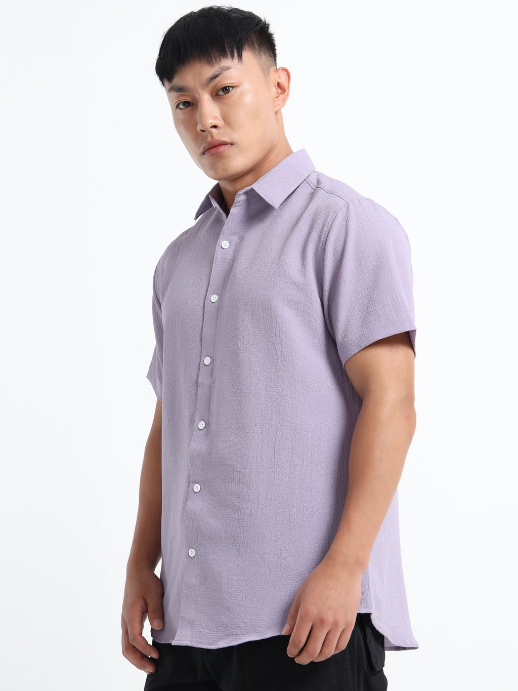 Men's Light Purple Crinkled Textured Short Sleeve Casual Shirt