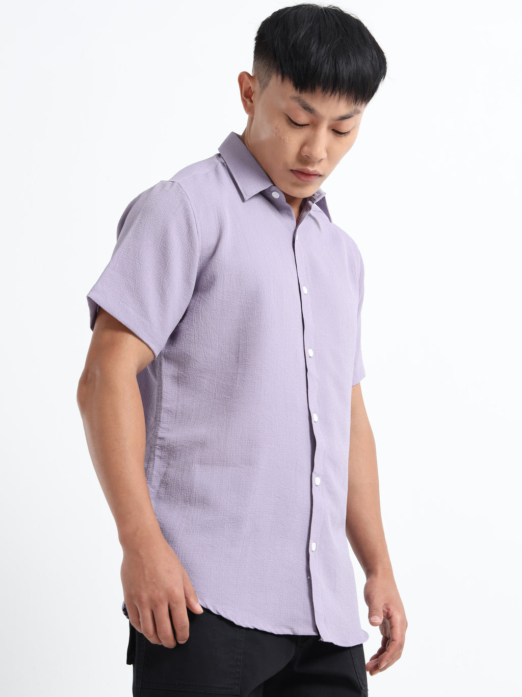 Men's Light Purple Crinkled Textured Short Sleeve Casual Shirt