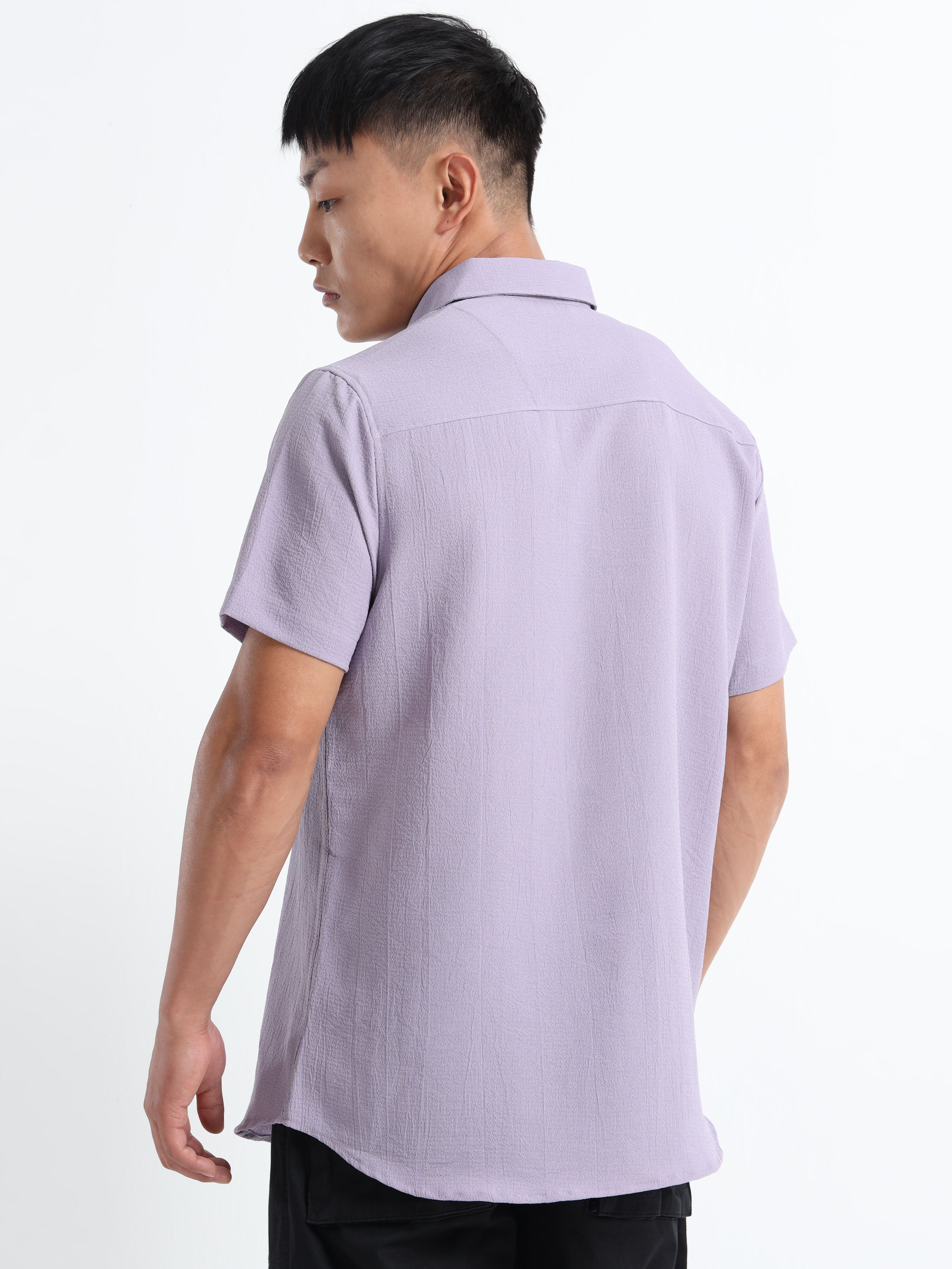 Men's Light Purple Crinkled Textured Short Sleeve Casual Shirt