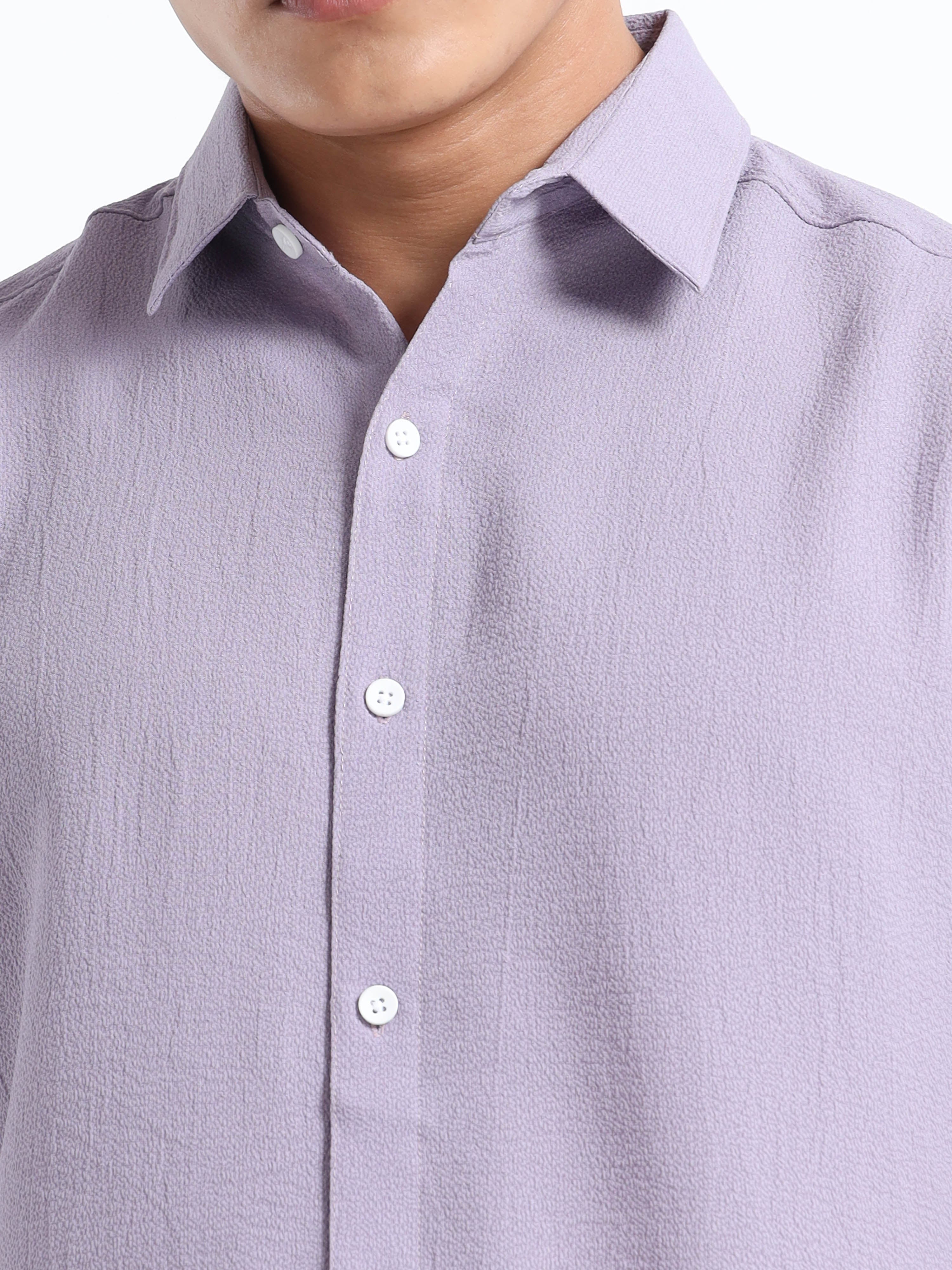 Men's Light Purple Crinkled Textured Short Sleeve Casual Shirt