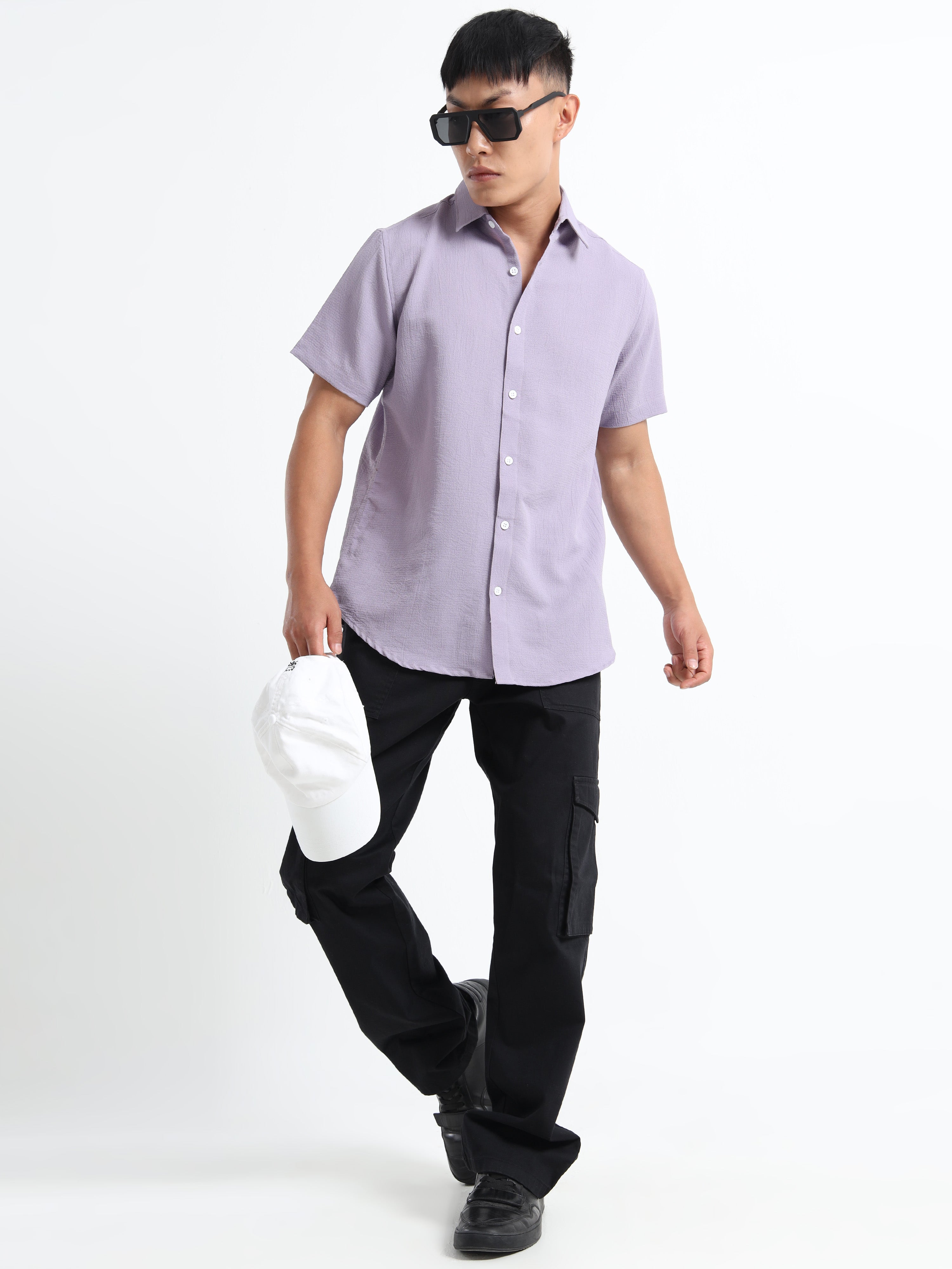 Men's Light Purple Crinkled Textured Short Sleeve Casual Shirt