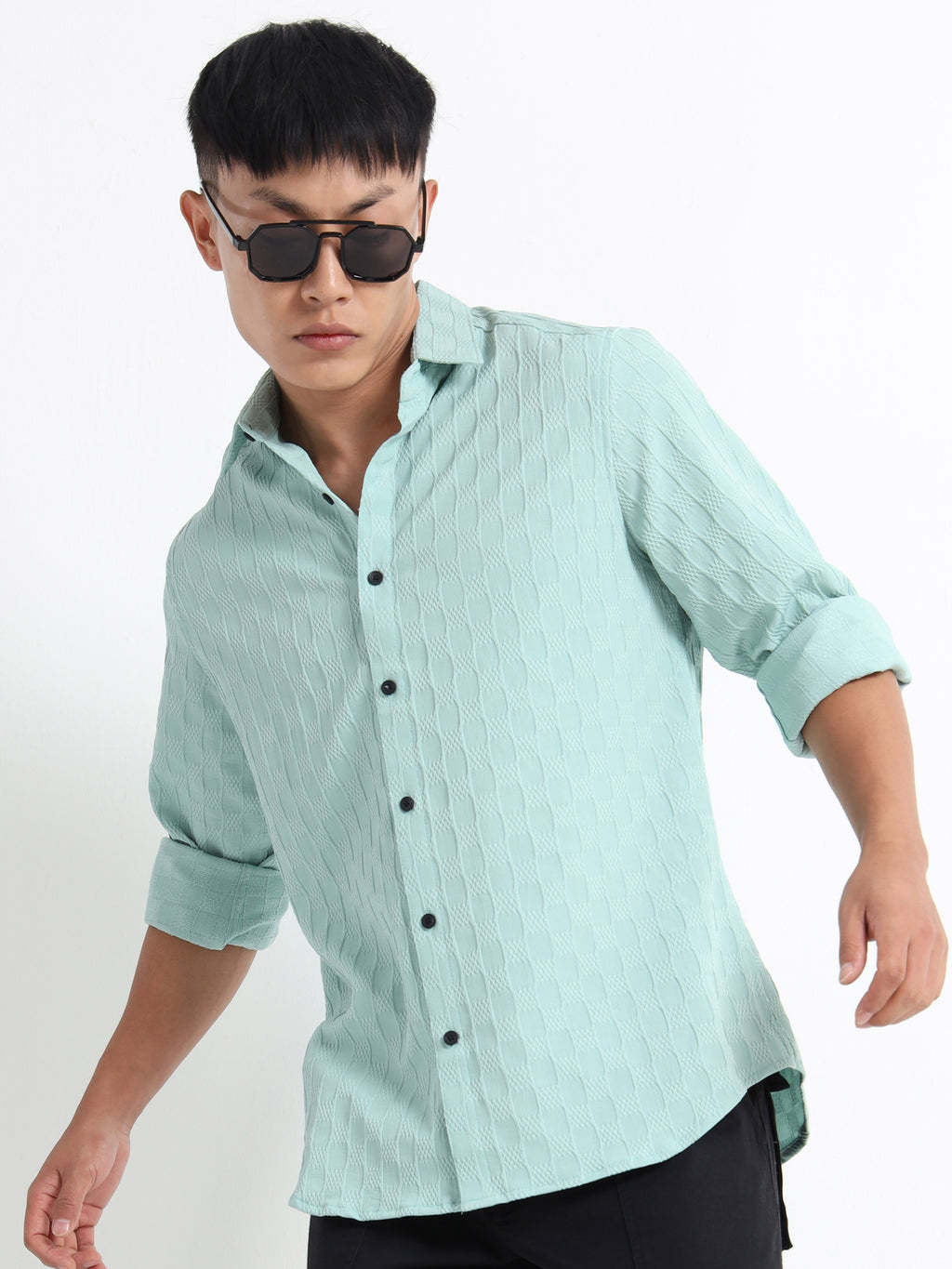 Men’s Mint Blue Textured Check Casual Shirt