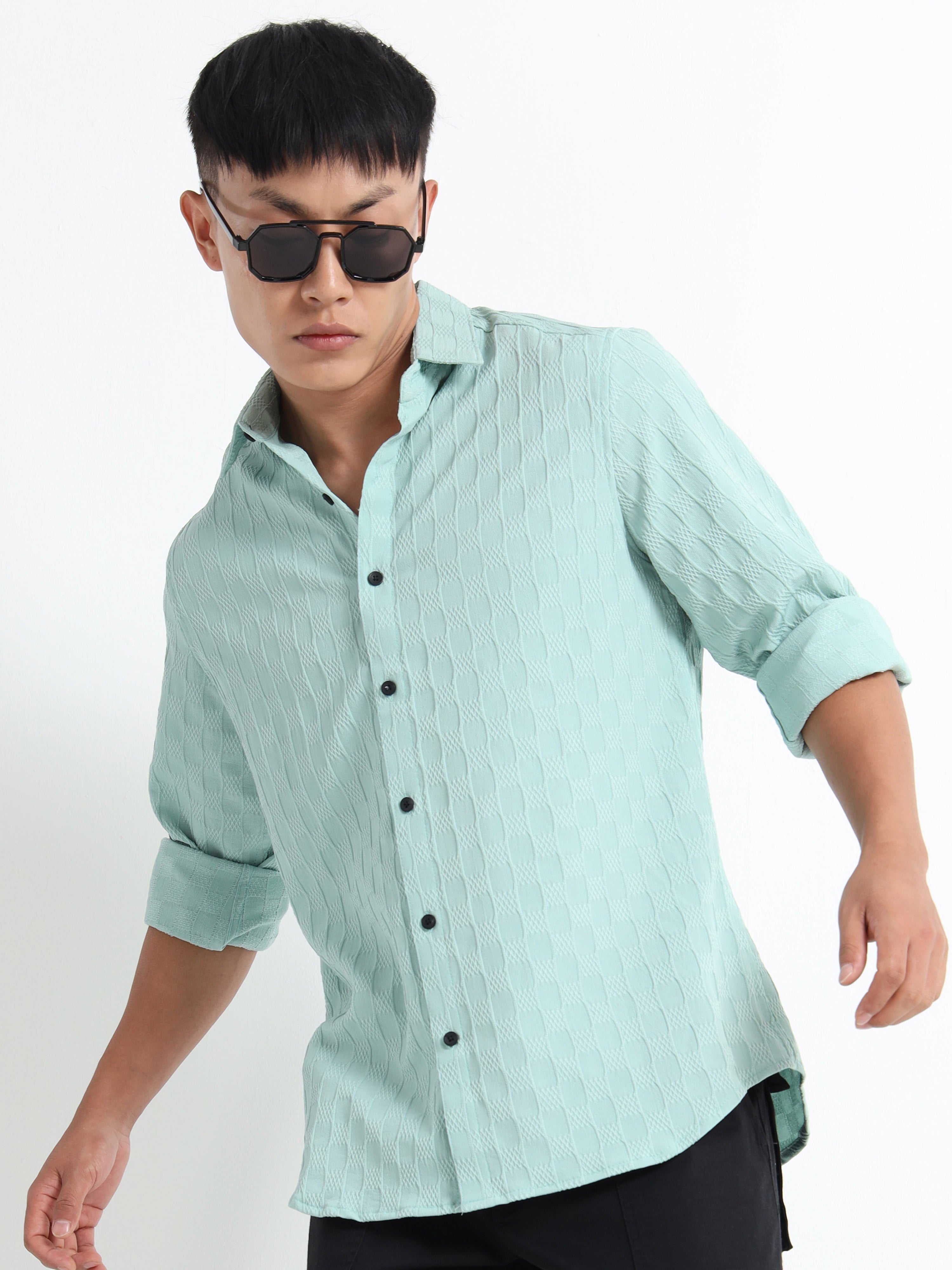 Men’s Mint Blue Textured Check Casual Shirt