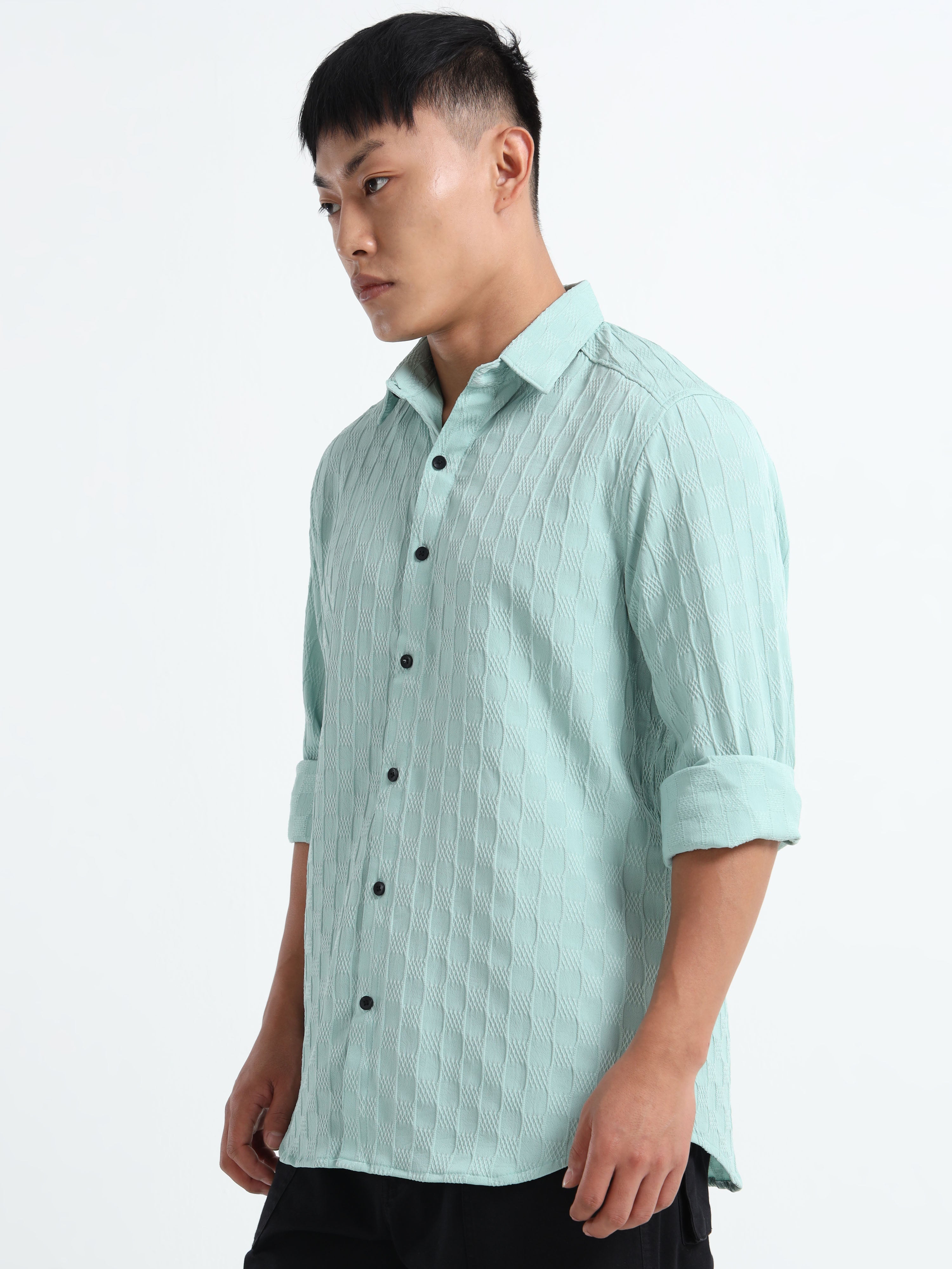 Men’s Mint Blue Textured Check Casual Shirt