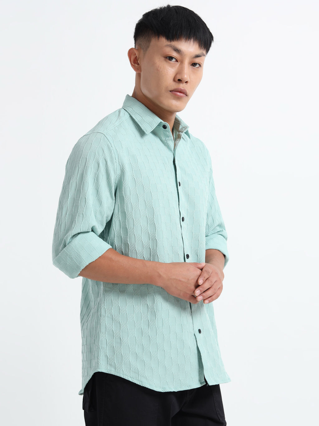 Men’s Mint Blue Textured Check Casual Shirt