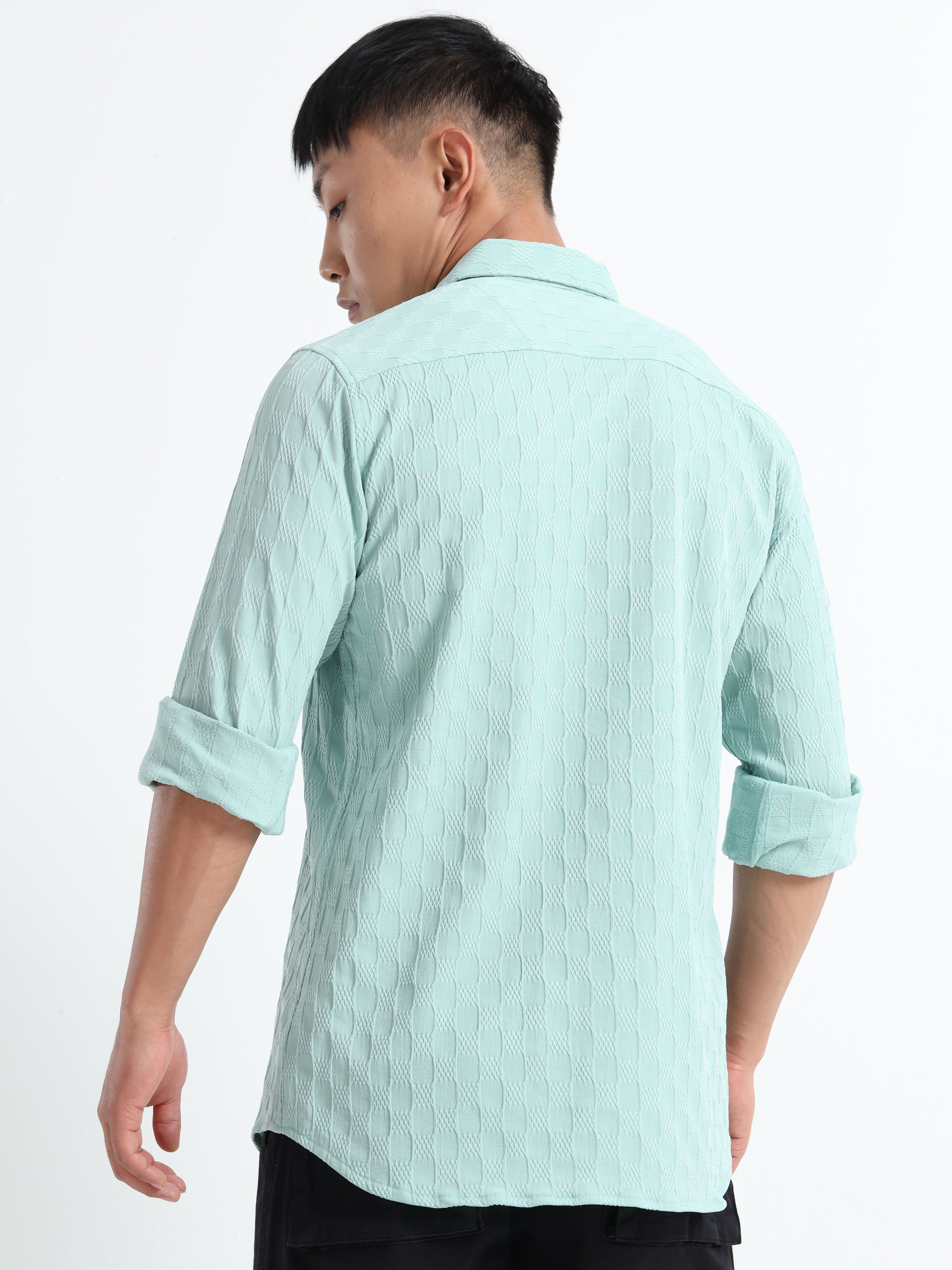 Men’s Mint Blue Textured Check Casual Shirt