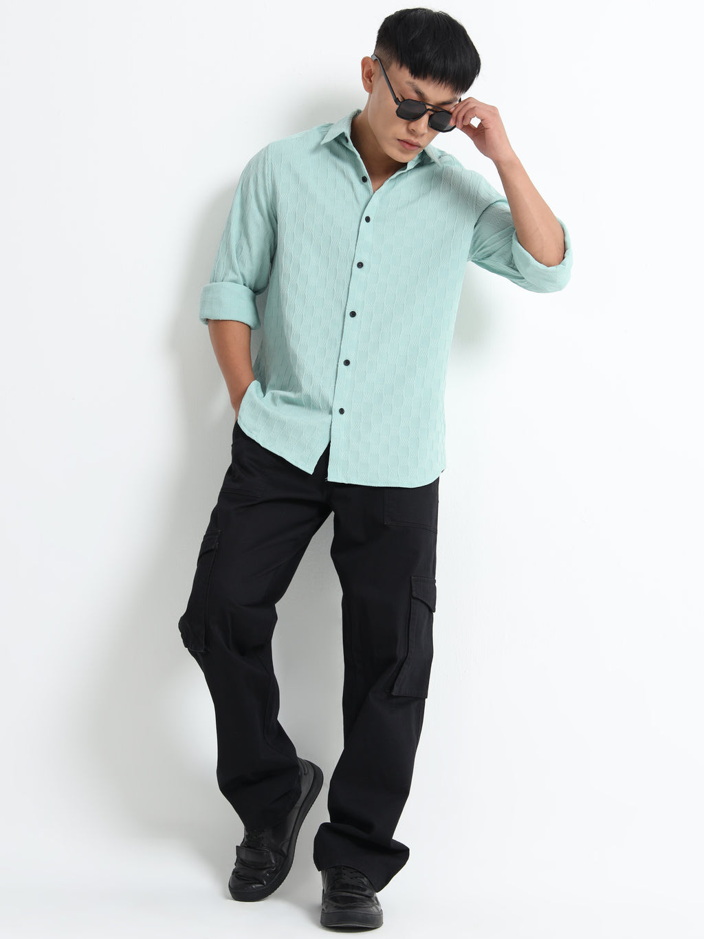 Men’s Mint Blue Textured Check Casual Shirt