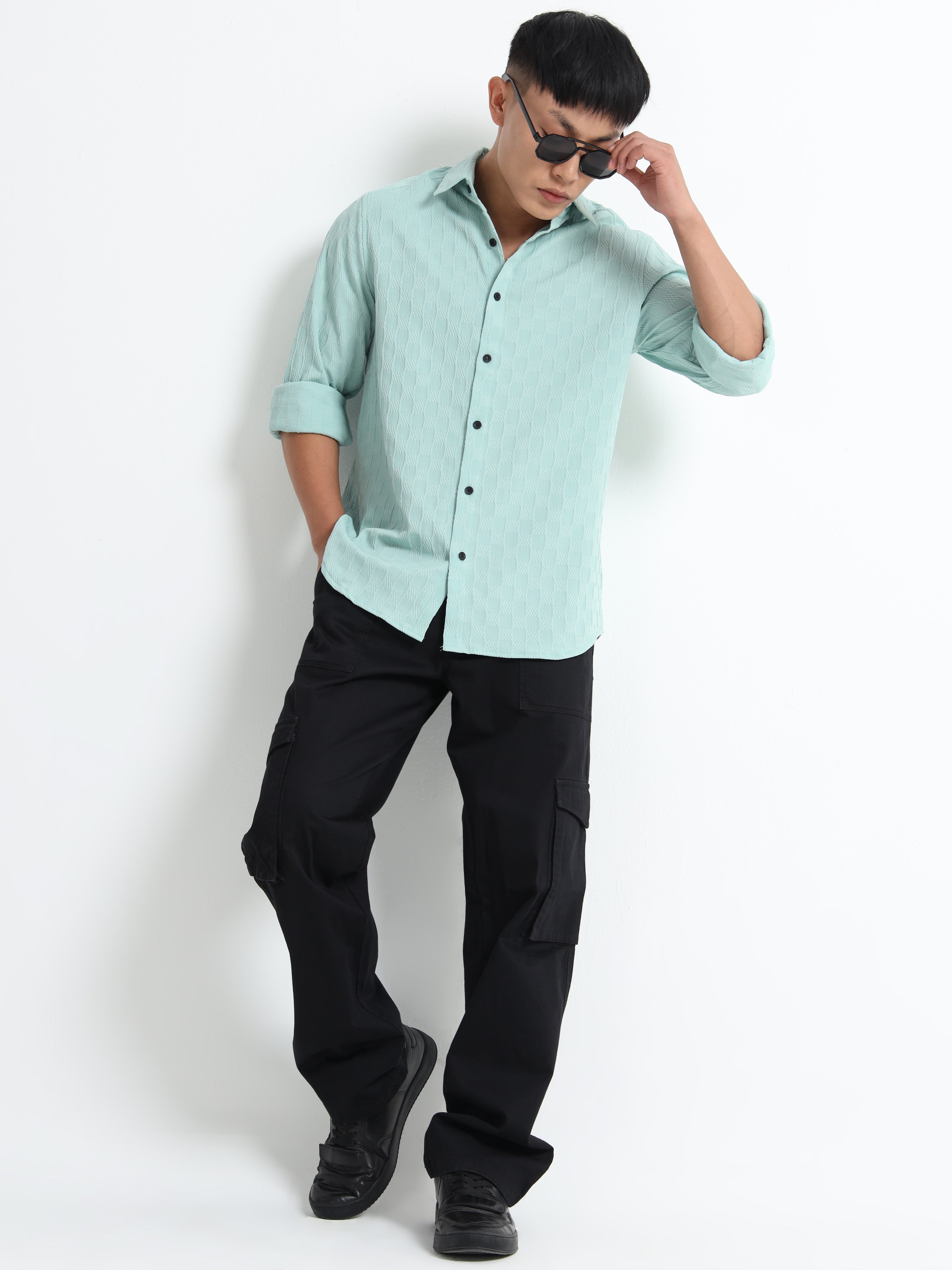 Men’s Mint Blue Textured Check Casual Shirt
