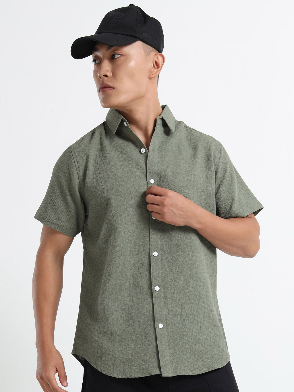 Men's Olive Green Crinkled Textured Short Sleeve Casual Shirt