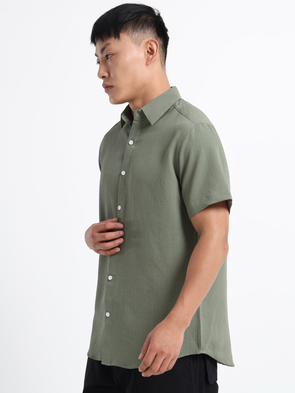 Men's Olive Green Crinkled Textured Short Sleeve Casual Shirt