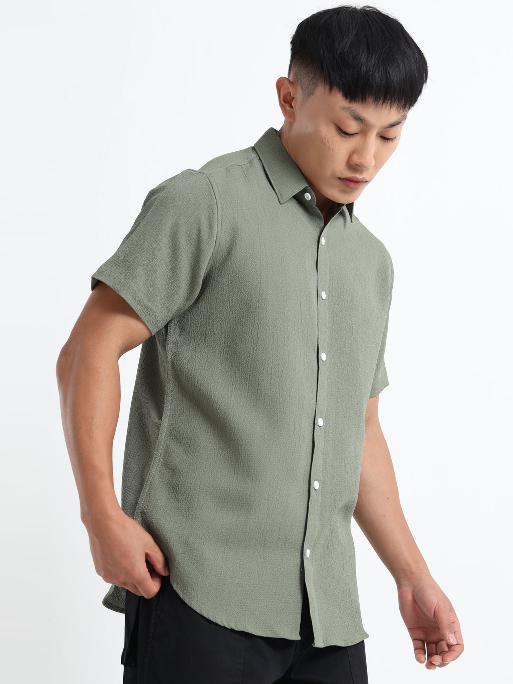 Men's Olive Green Crinkled Textured Short Sleeve Casual Shirt