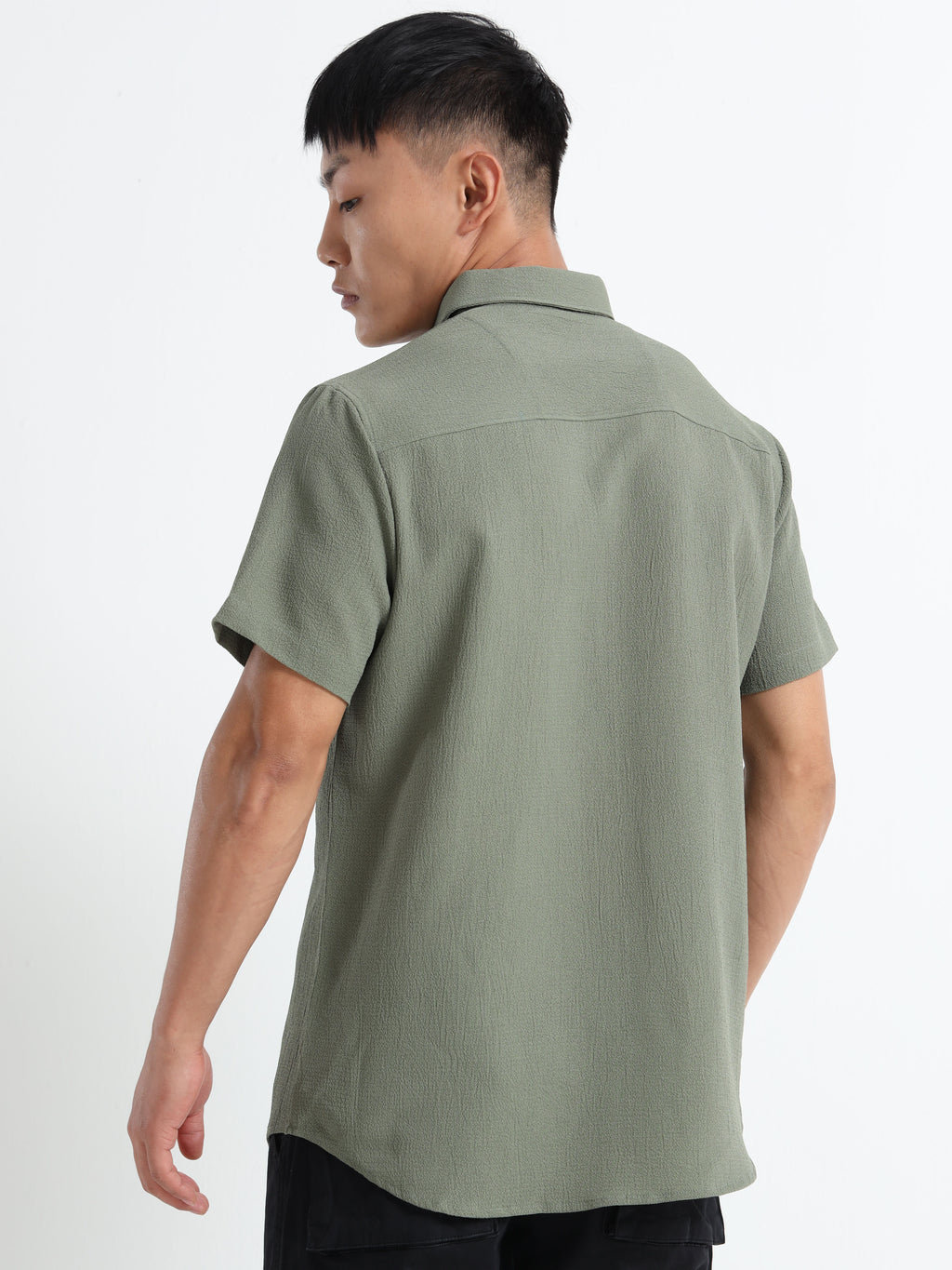 Men's Olive Green Crinkled Textured Short Sleeve Casual Shirt