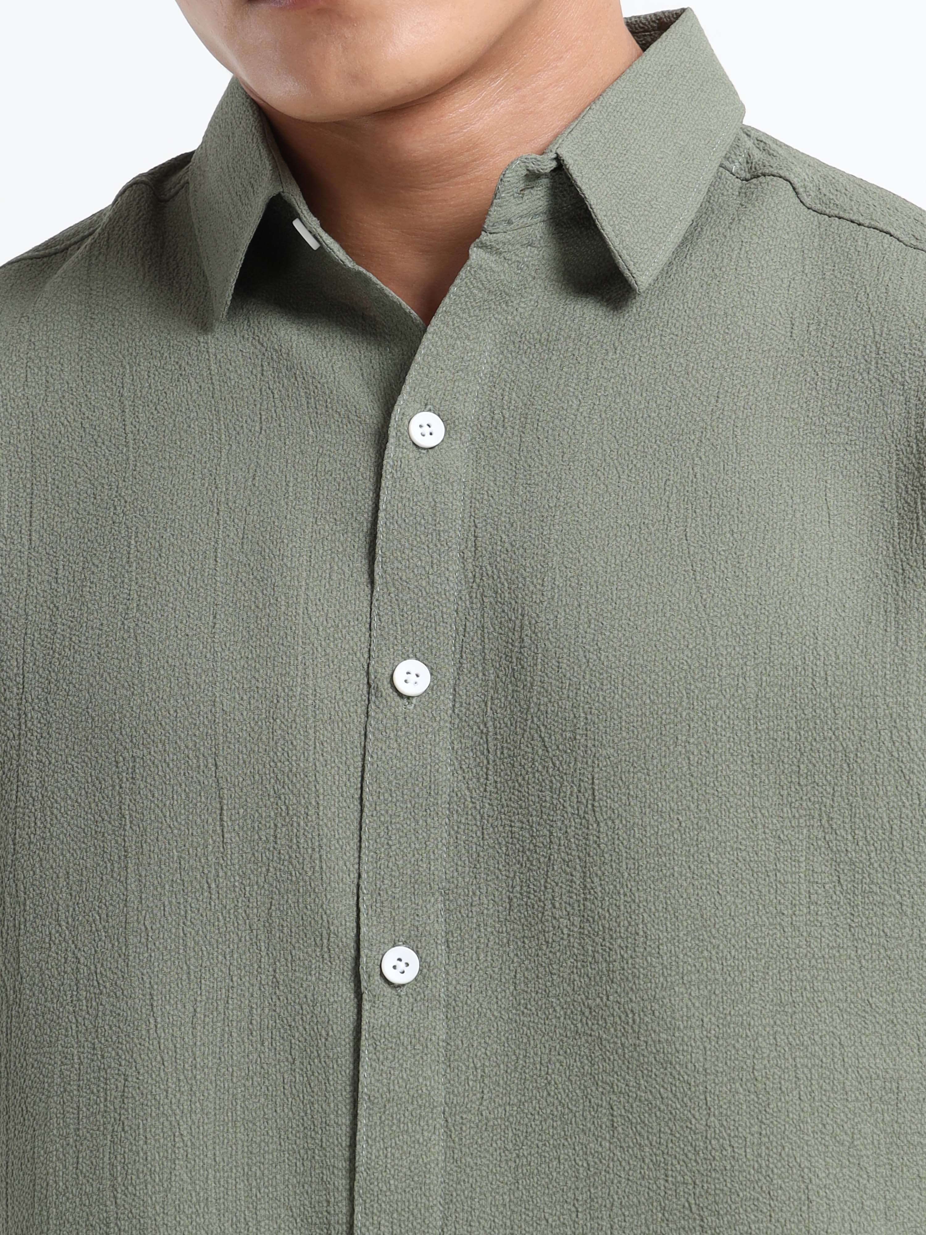 Men's Olive Green Crinkled Textured Short Sleeve Casual Shirt