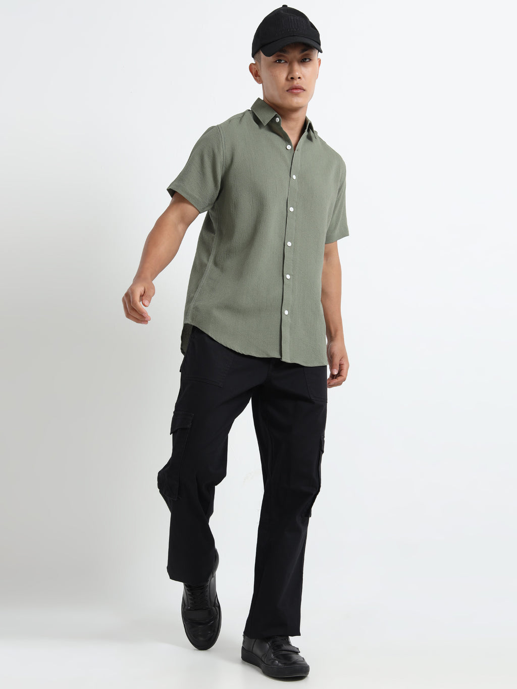 Men's Olive Green Crinkled Textured Short Sleeve Casual Shirt