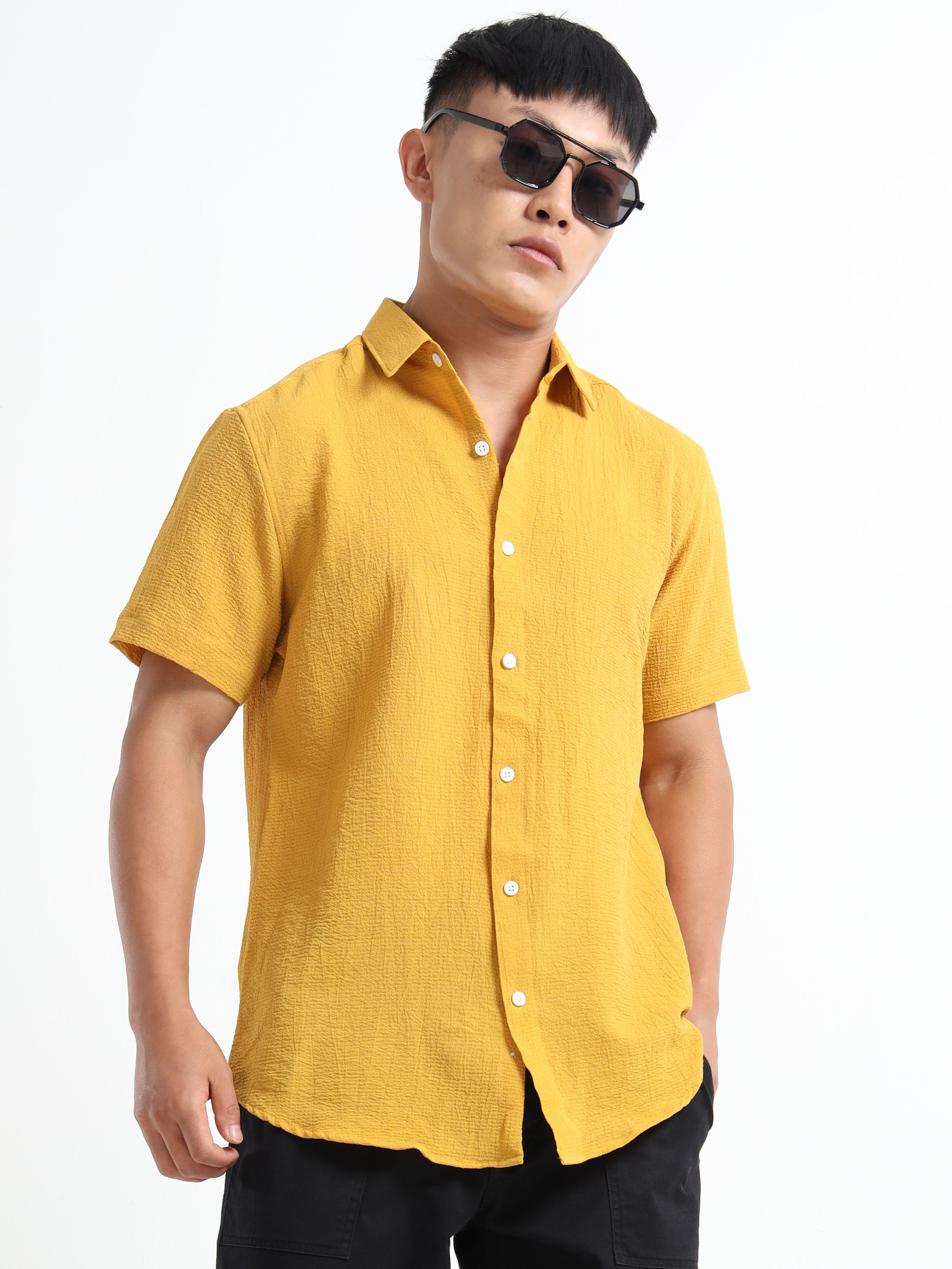 Men's Yellow Crinkled Textured Short Sleeve Casual Shirt