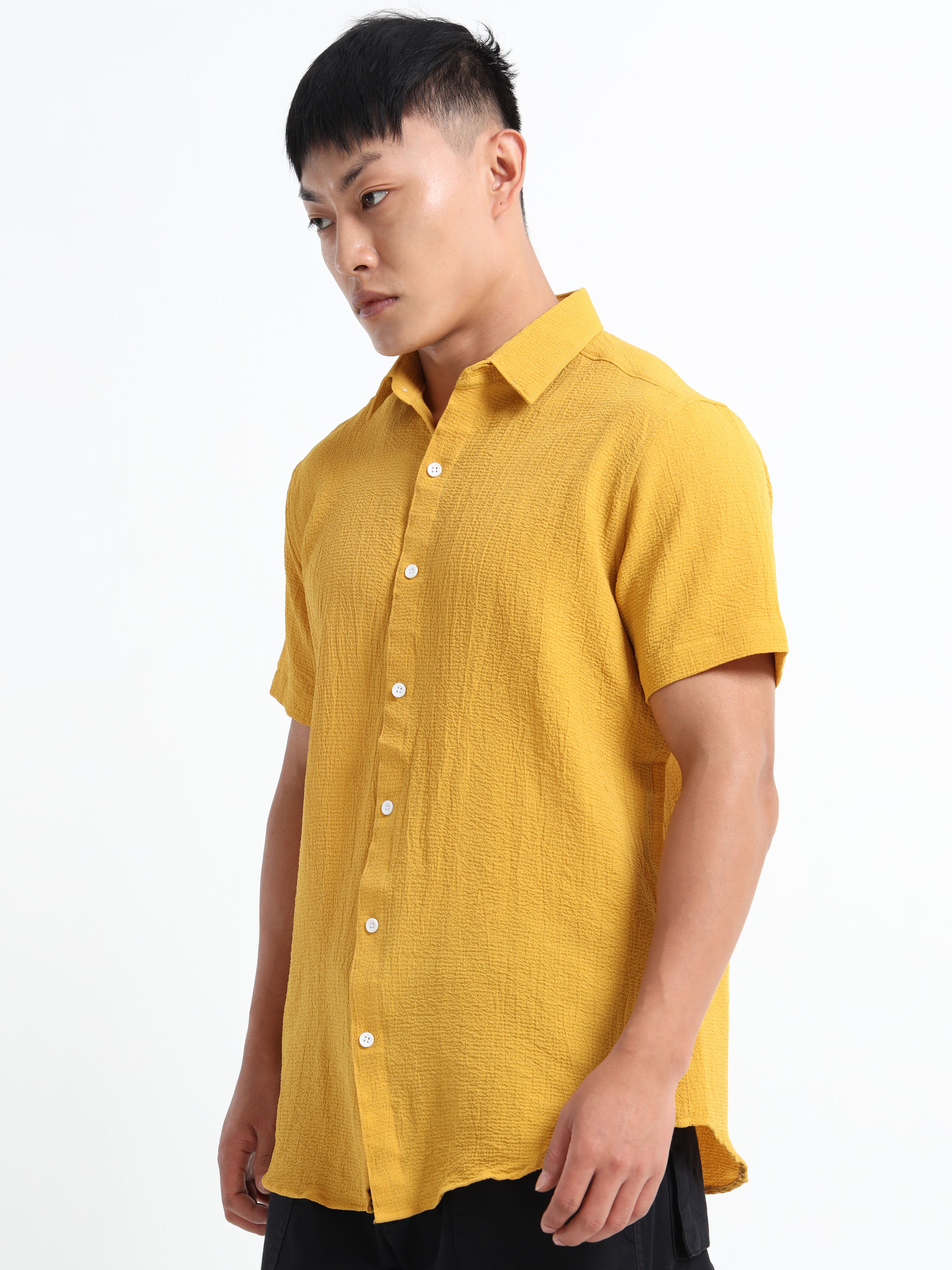 Men's Yellow Crinkled Textured Short Sleeve Casual Shirt