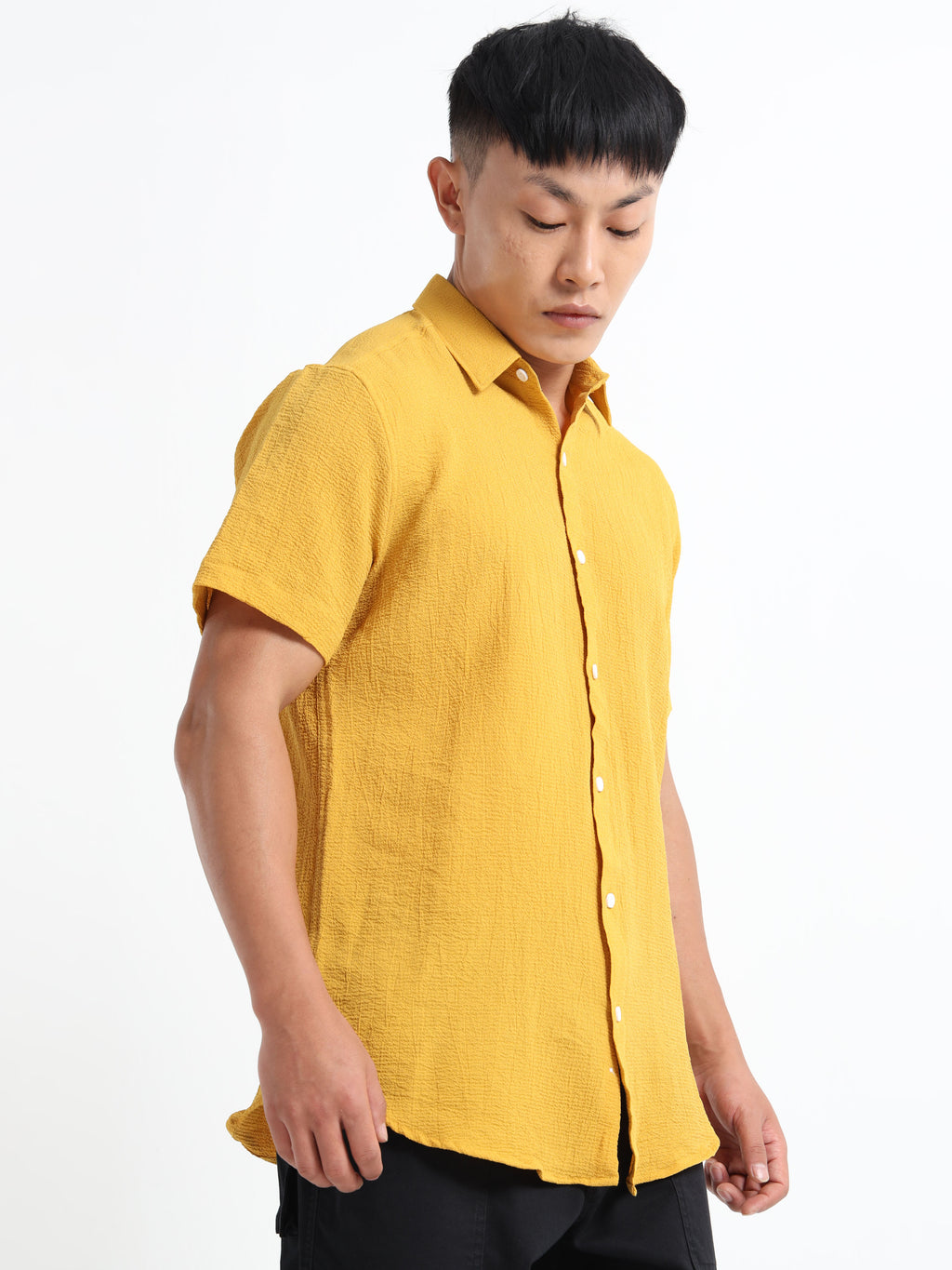 Men's Yellow Crinkled Textured Short Sleeve Casual Shirt