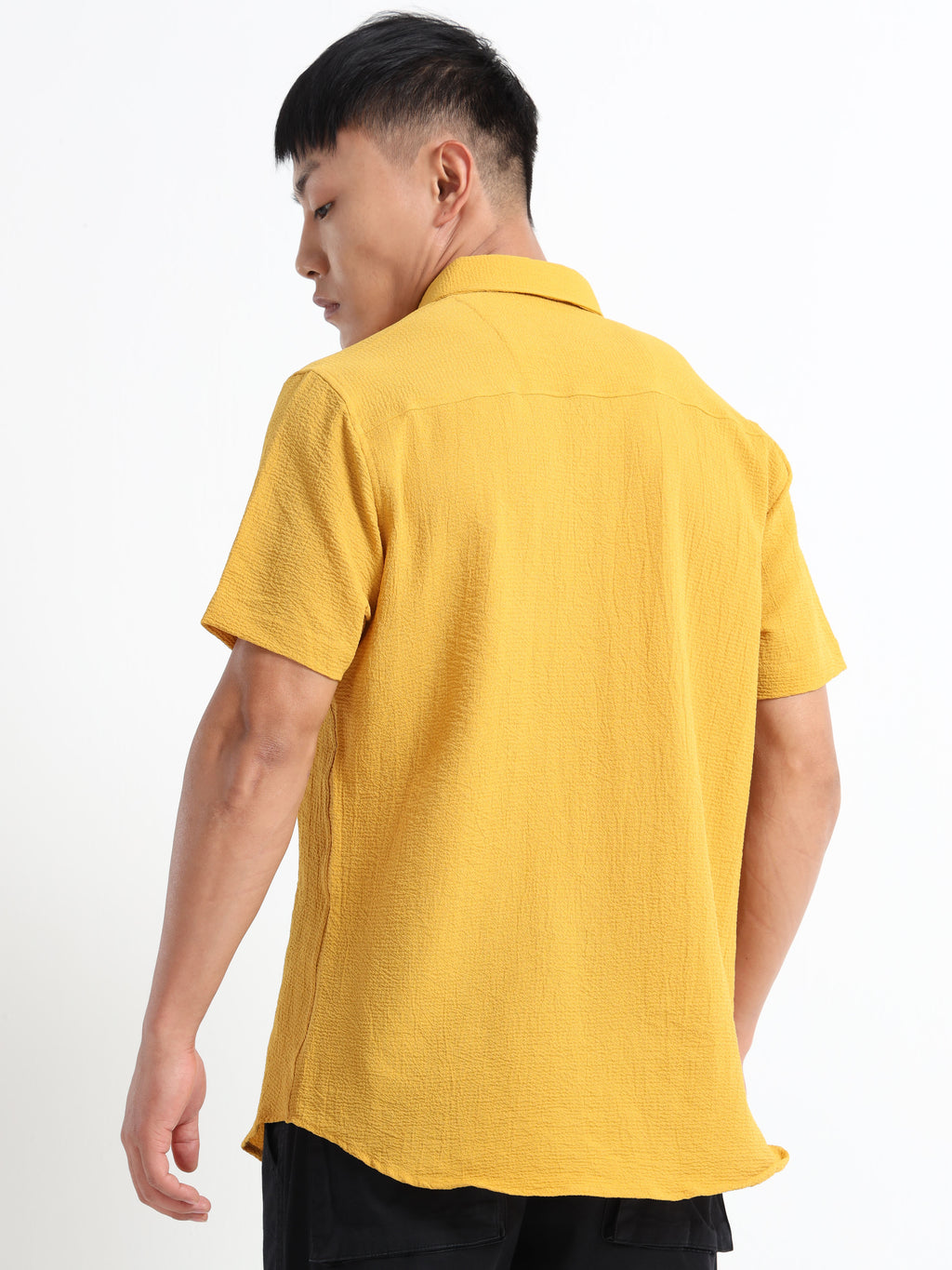 Men's Yellow Crinkled Textured Short Sleeve Casual Shirt