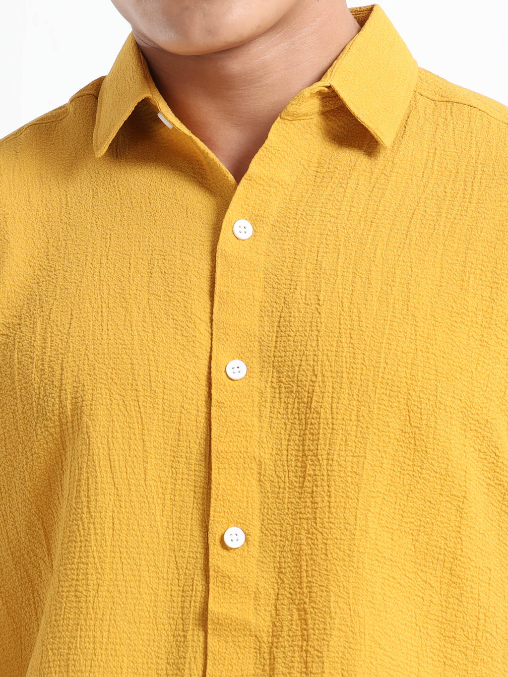 Men's Yellow Crinkled Textured Short Sleeve Casual Shirt