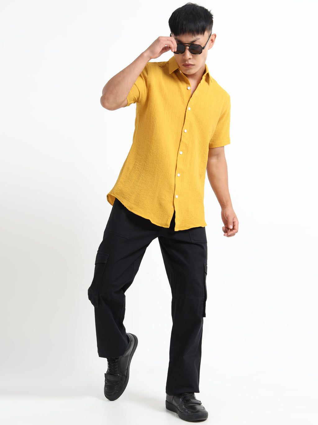 Men's Yellow Crinkled Textured Short Sleeve Casual Shirt