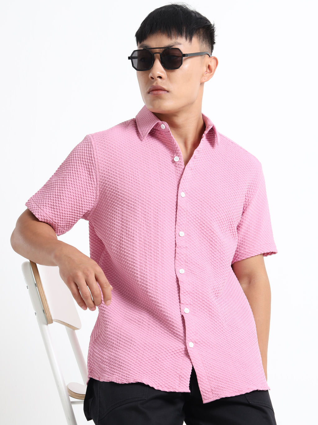 Men's Light Pink Geometric Textured Short Sleeve Casual Shirt