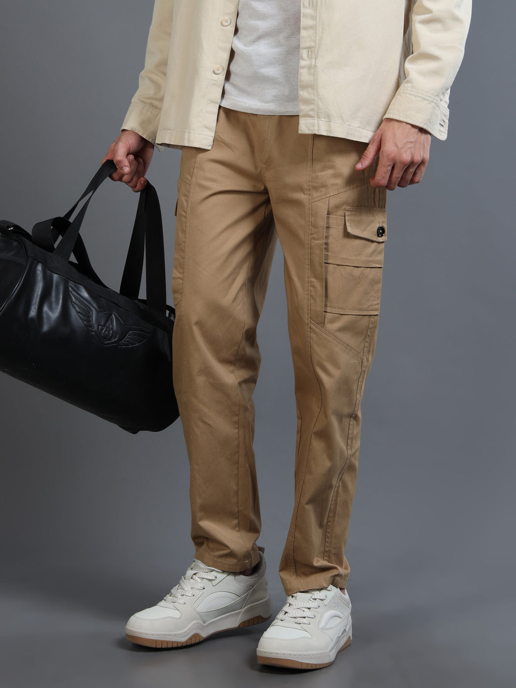 Men Slim Fit Beige Cargo Trousers