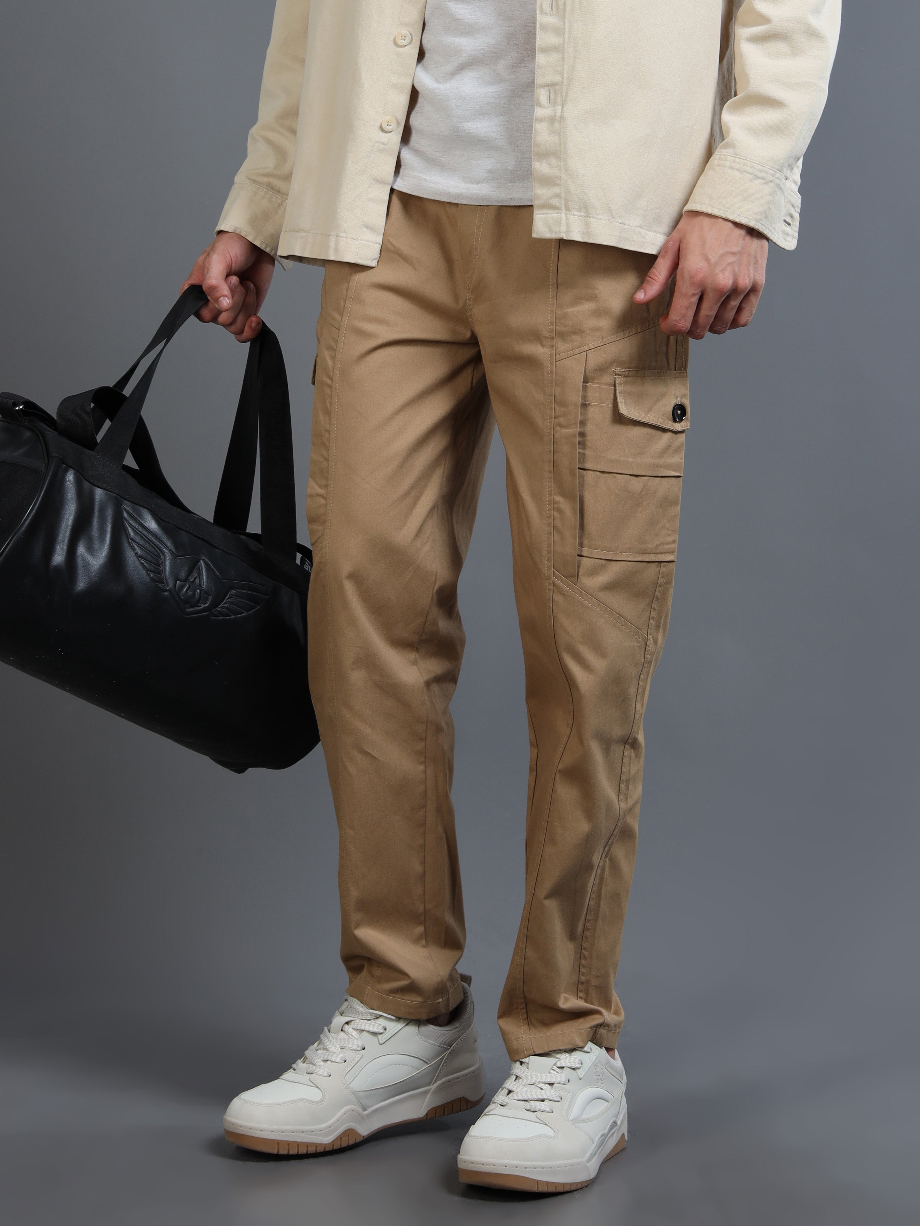 Men Slim Fit Beige Cargo Trousers