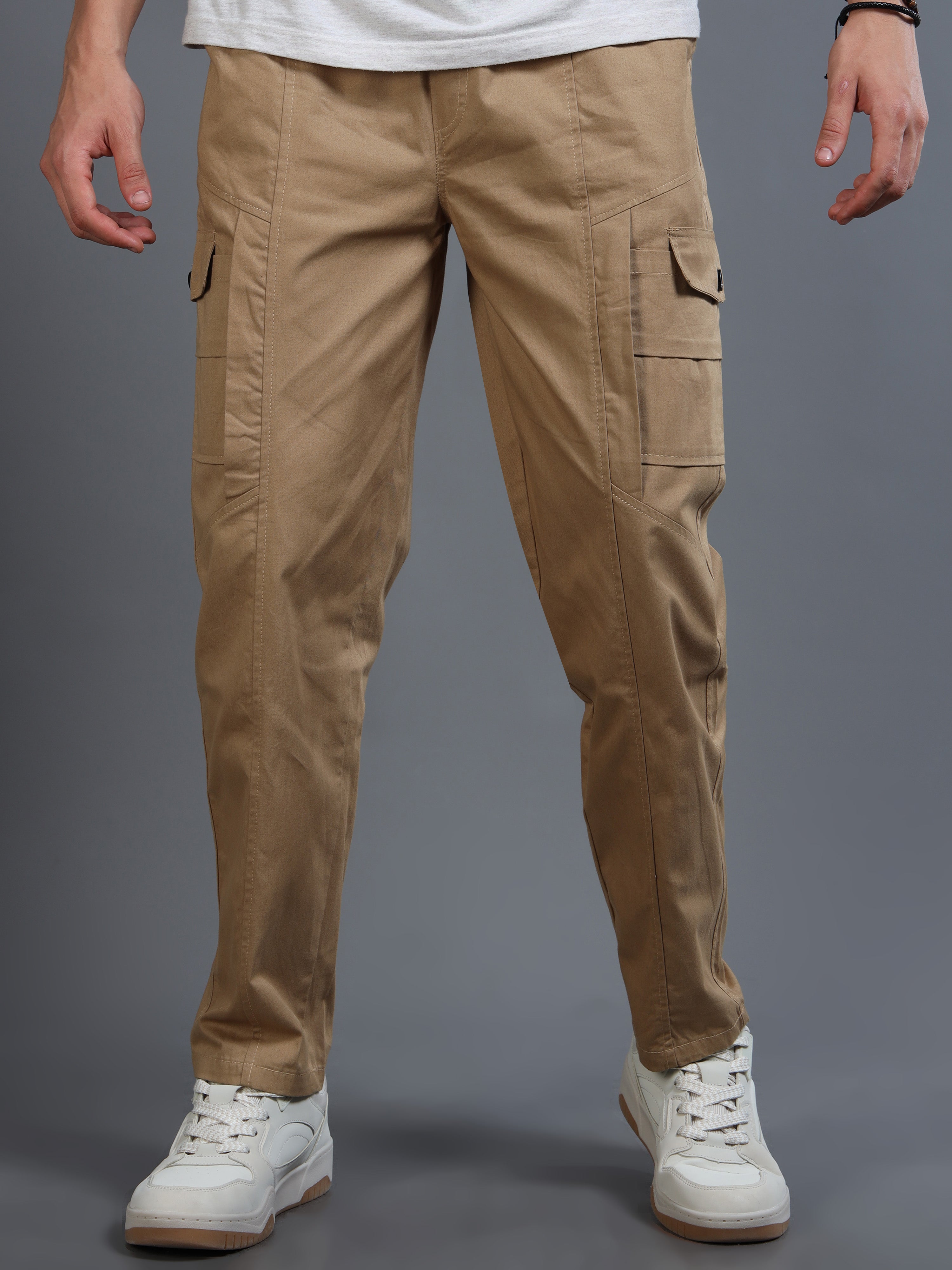 Men Slim Fit Beige Cargo Trousers