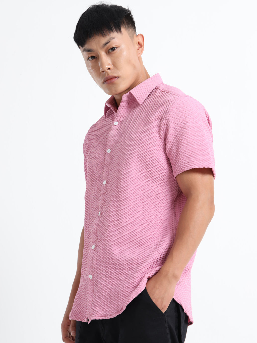 Men's Light Pink Geometric Textured Short Sleeve Casual Shirt