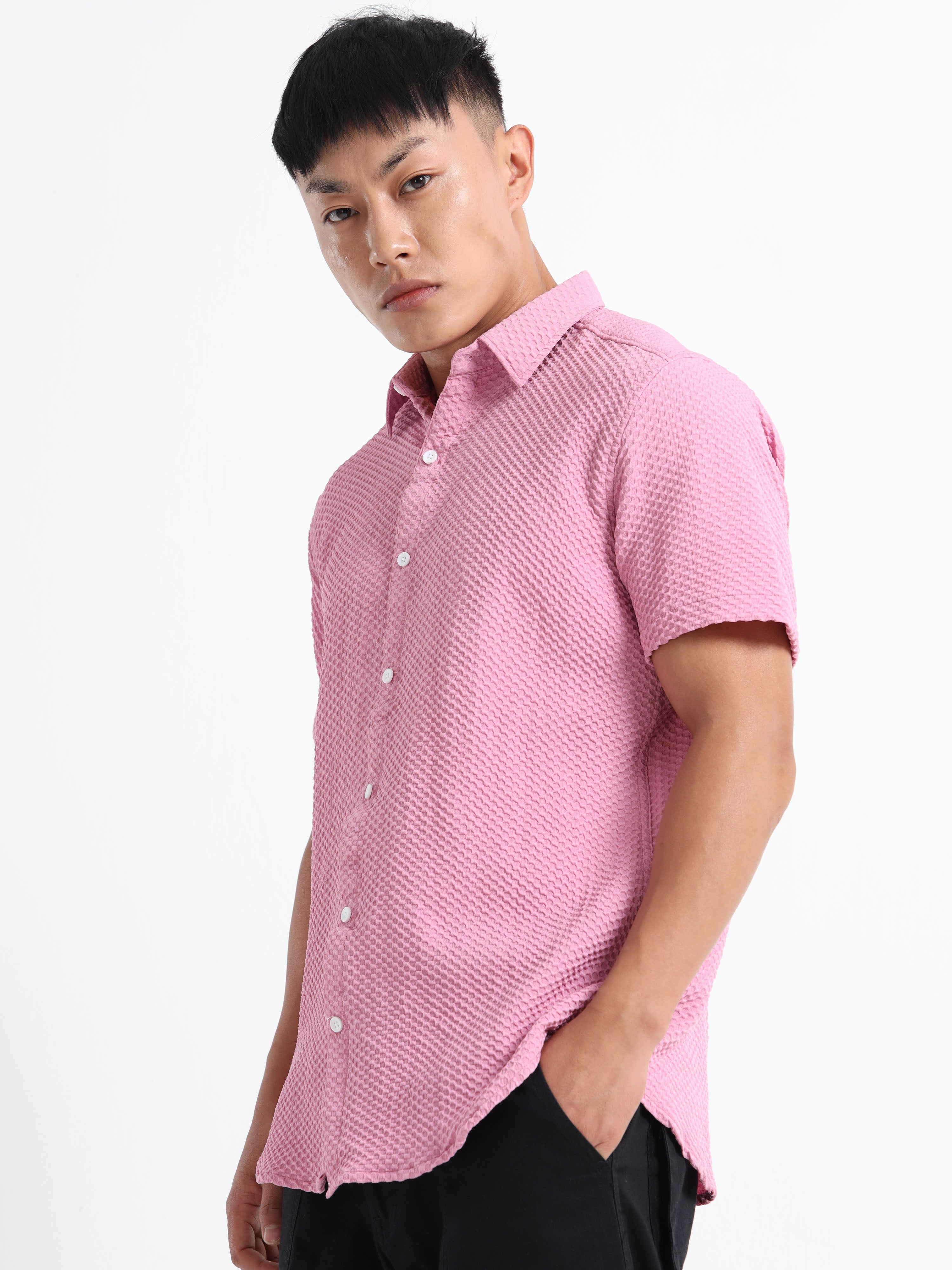 Men's Light Pink Geometric Textured Short Sleeve Casual Shirt