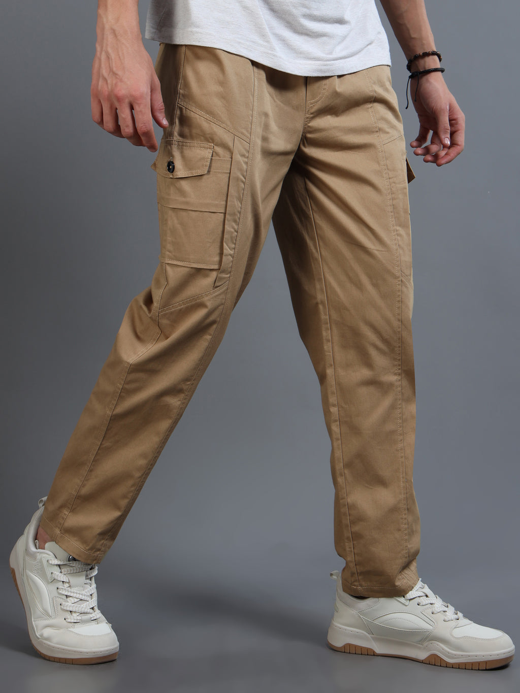 Men Slim Fit Beige Cargo Trousers