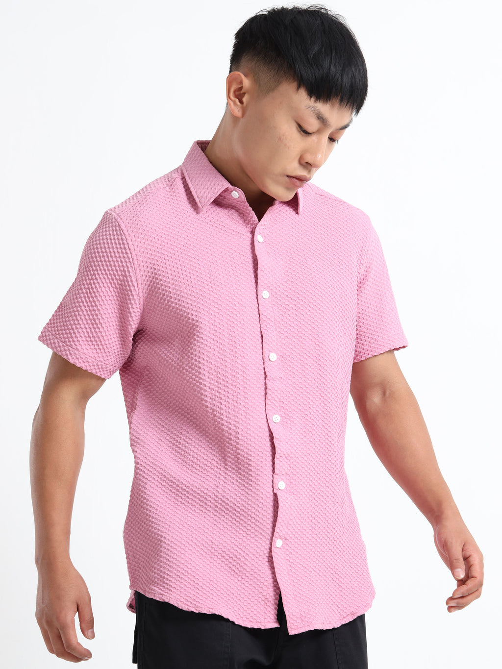 Men's Light Pink Geometric Textured Short Sleeve Casual Shirt