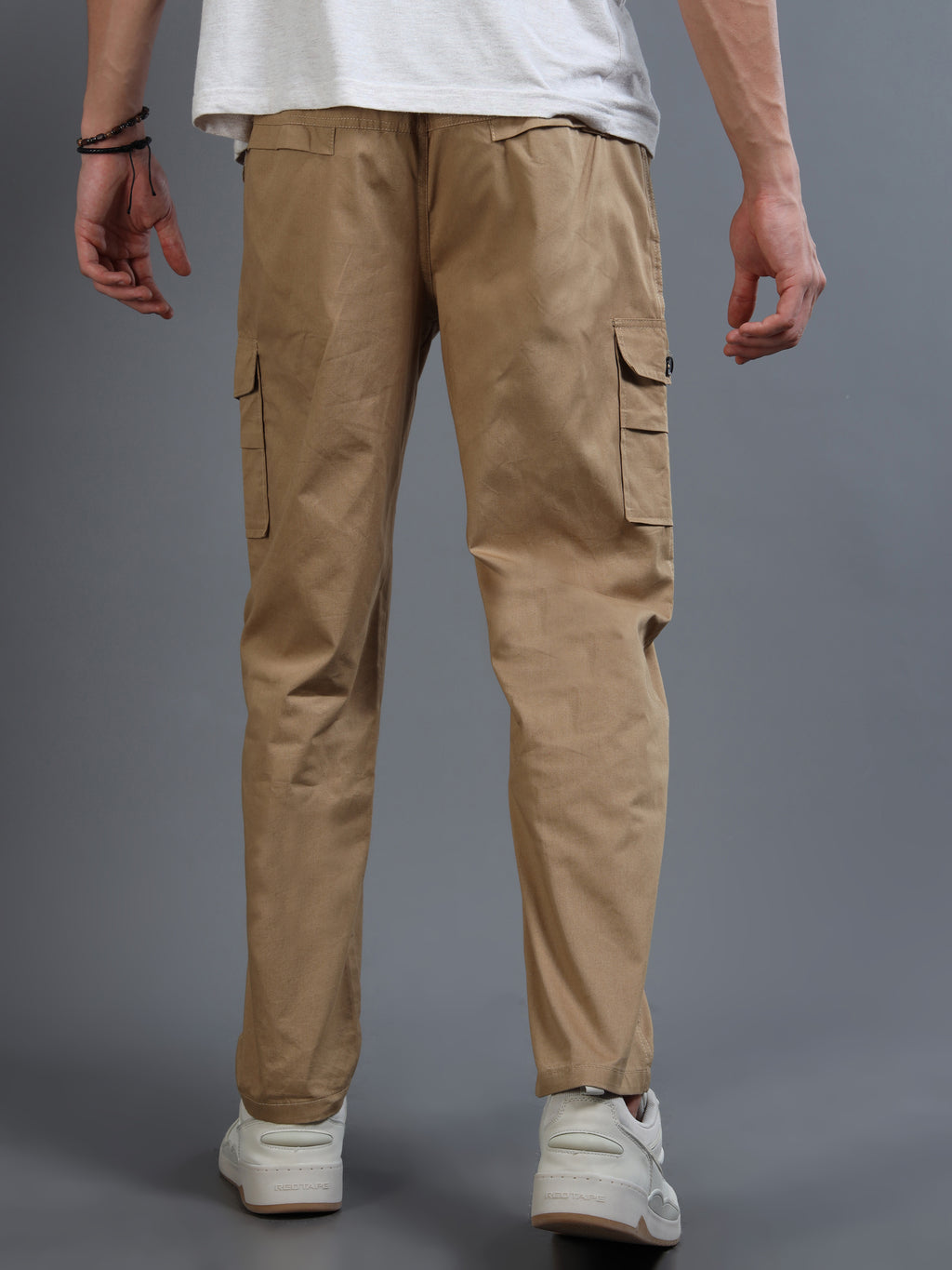 Men Slim Fit Beige Cargo Trousers