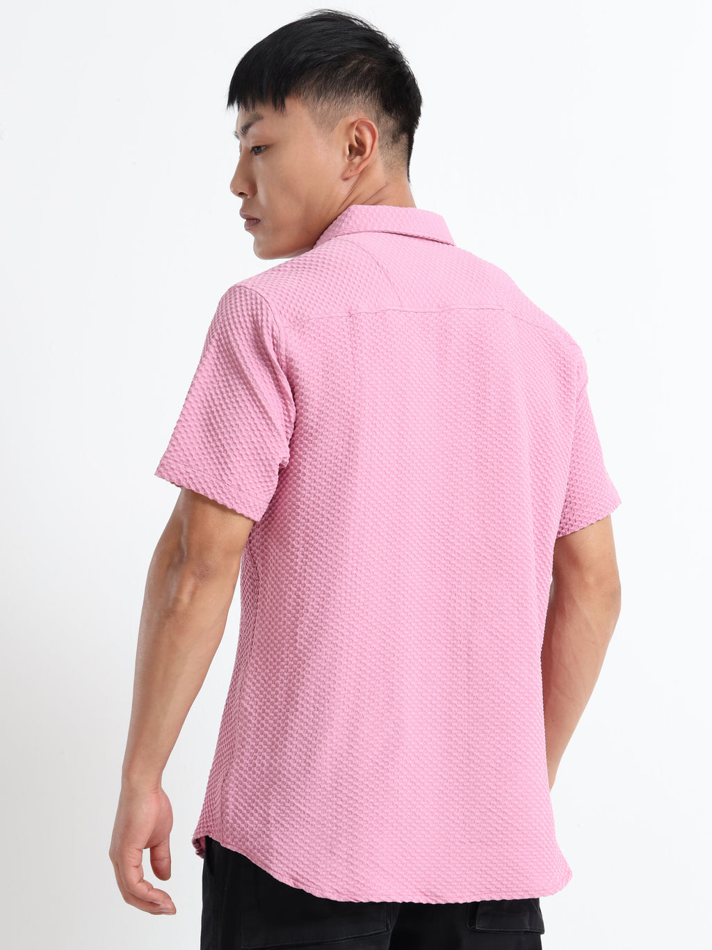 Men's Light Pink Geometric Textured Short Sleeve Casual Shirt