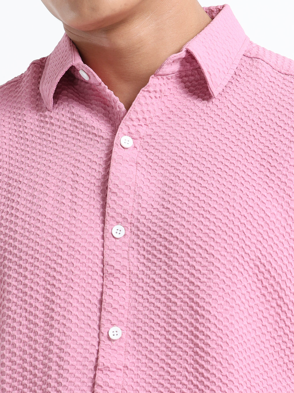 Men's Light Pink Geometric Textured Short Sleeve Casual Shirt
