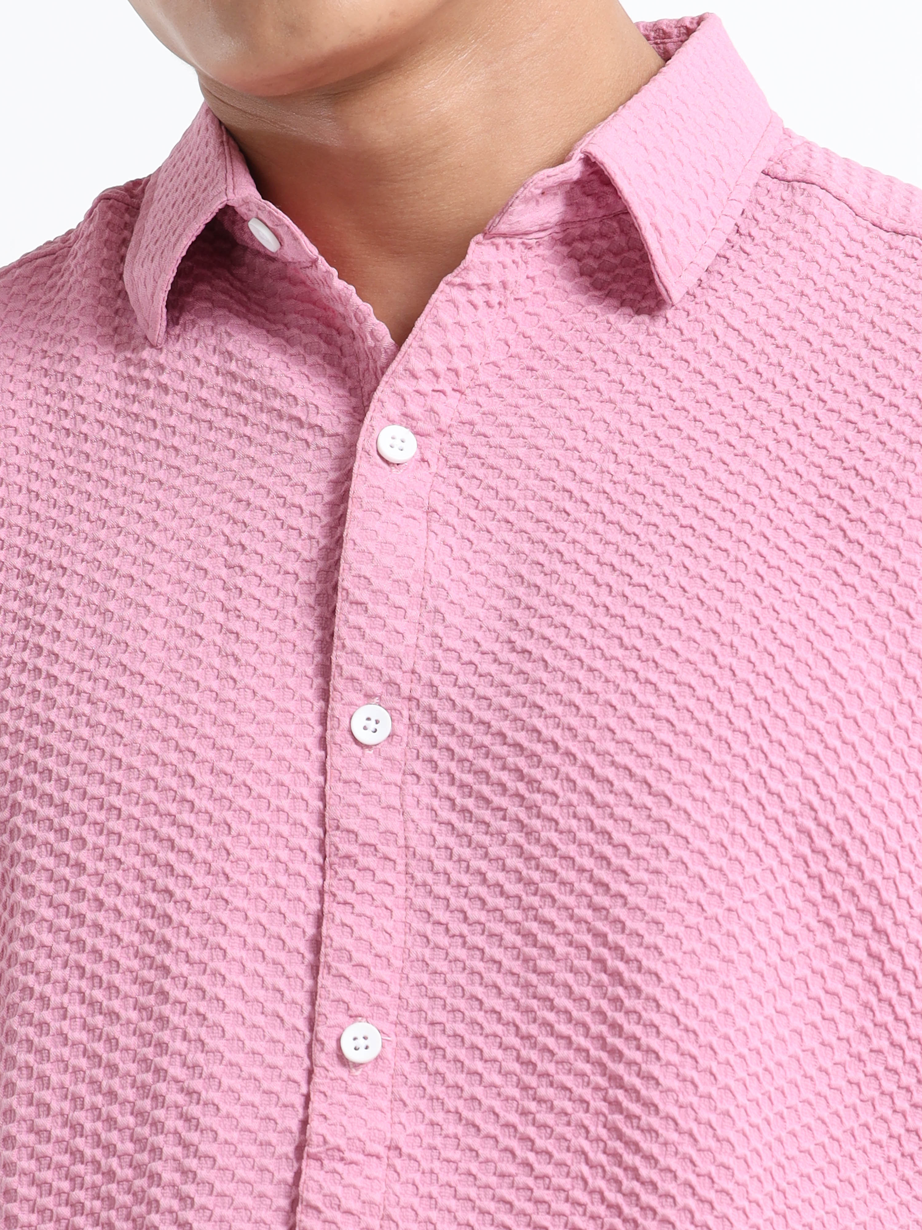 Men's Light Pink Geometric Textured Short Sleeve Casual Shirt