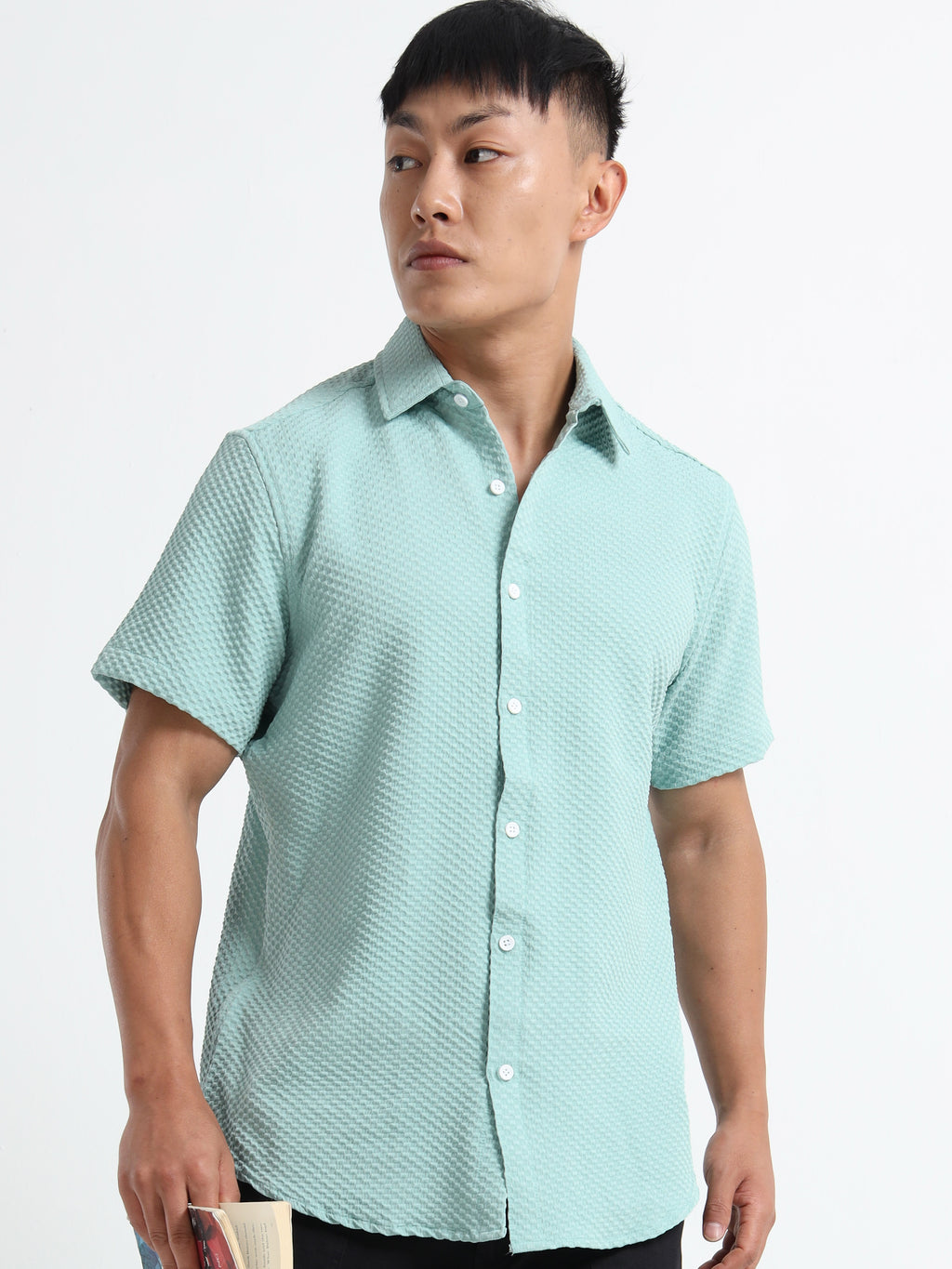 Men's Mint Green Geometric Textured Short Sleeve Casual Shirt